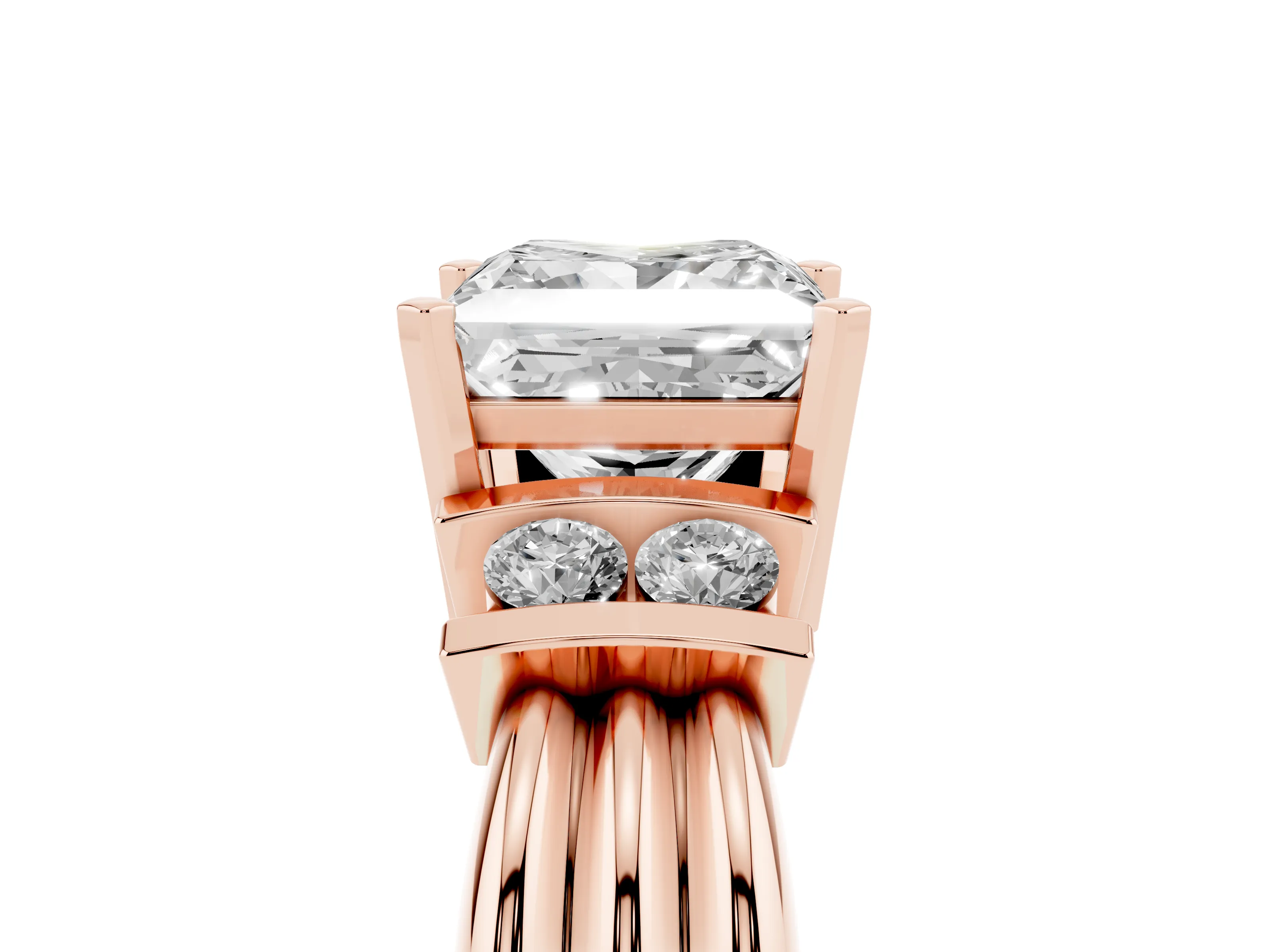 Three-Stone Princess Cut Diamond Channel Set Ring Set in Rose gold with Bar Prongs