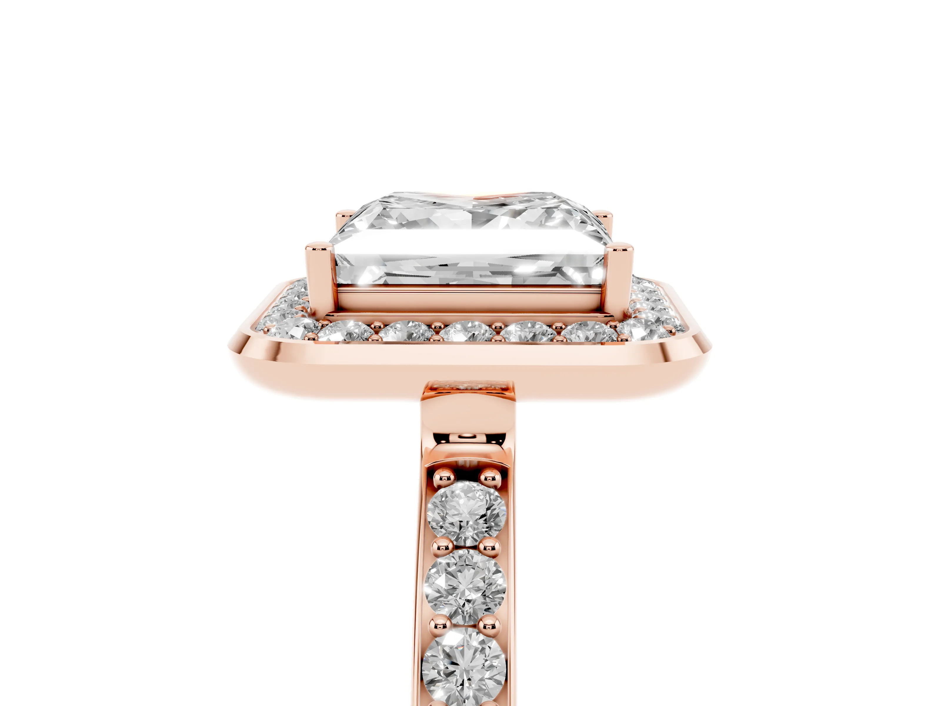 Princess Cut Diamond Halo Ring Set in Rose gold with Bezel Frame and Pavé Band