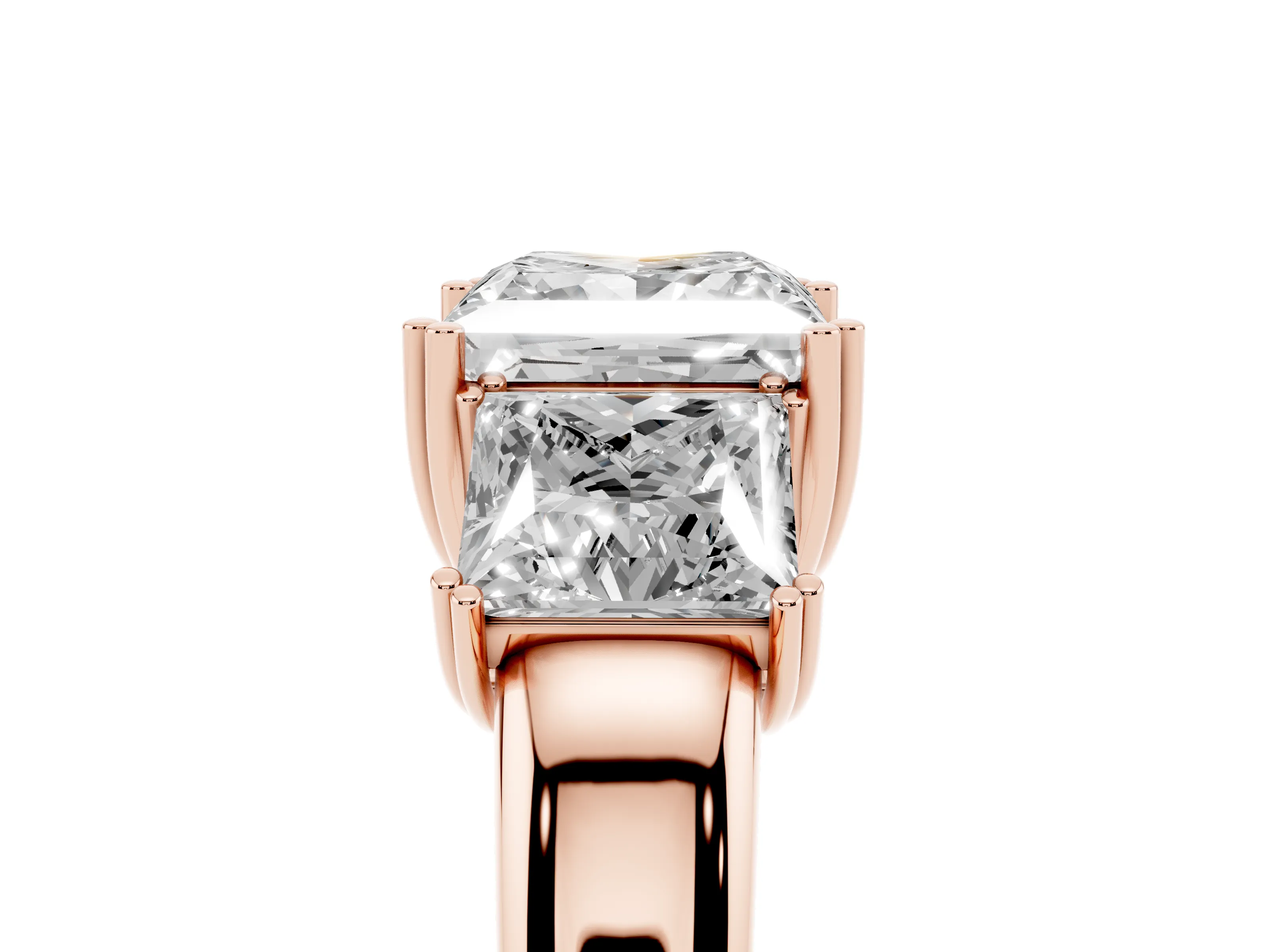 Princess Cut Diamond Three-Stone Ring Set in Rose gold with Polished Channel-Set Band