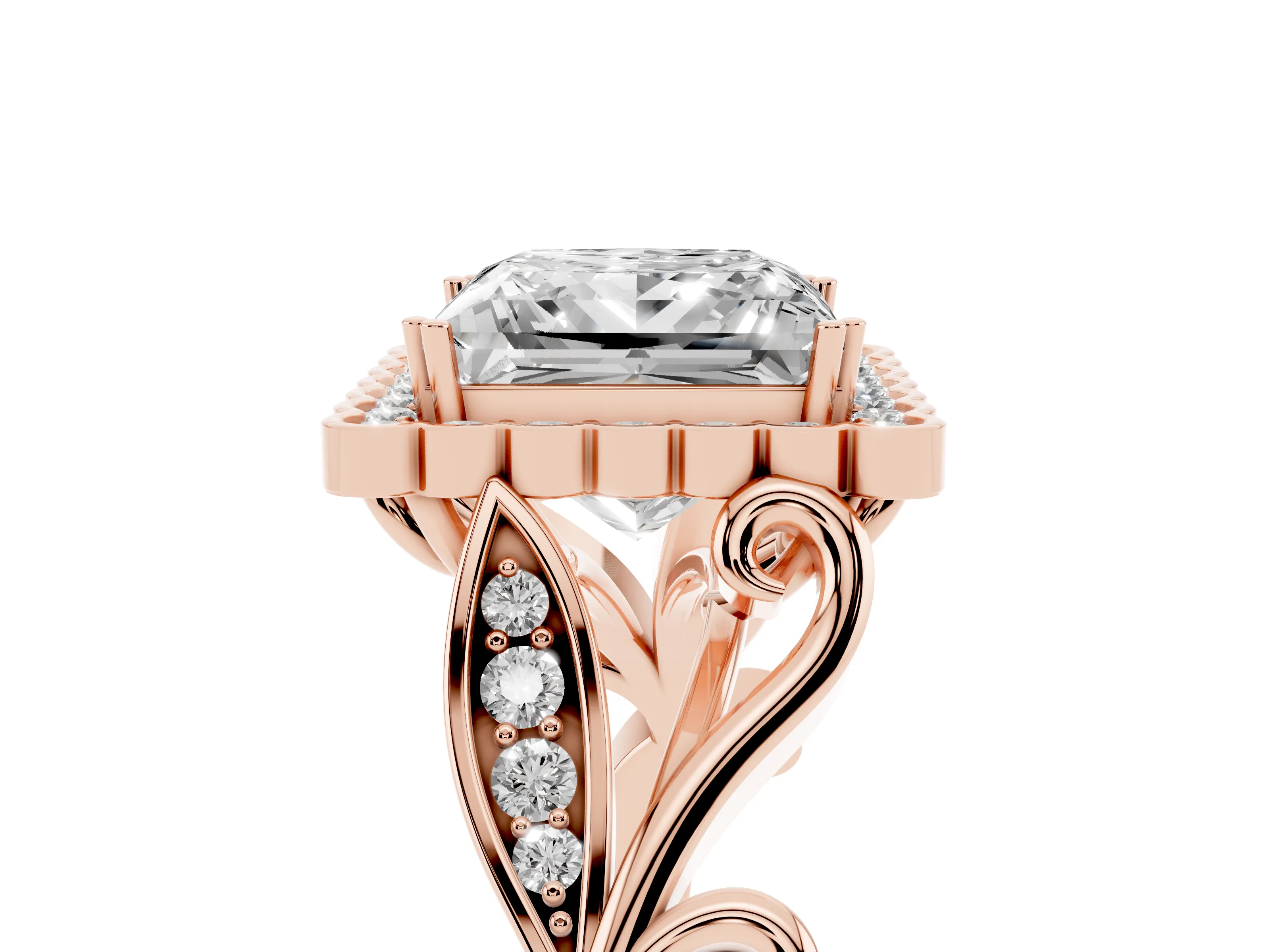 Princess Cut Diamond Halo Ring Set in Rose gold with Leaf Motif Split Shank and Prong Setting