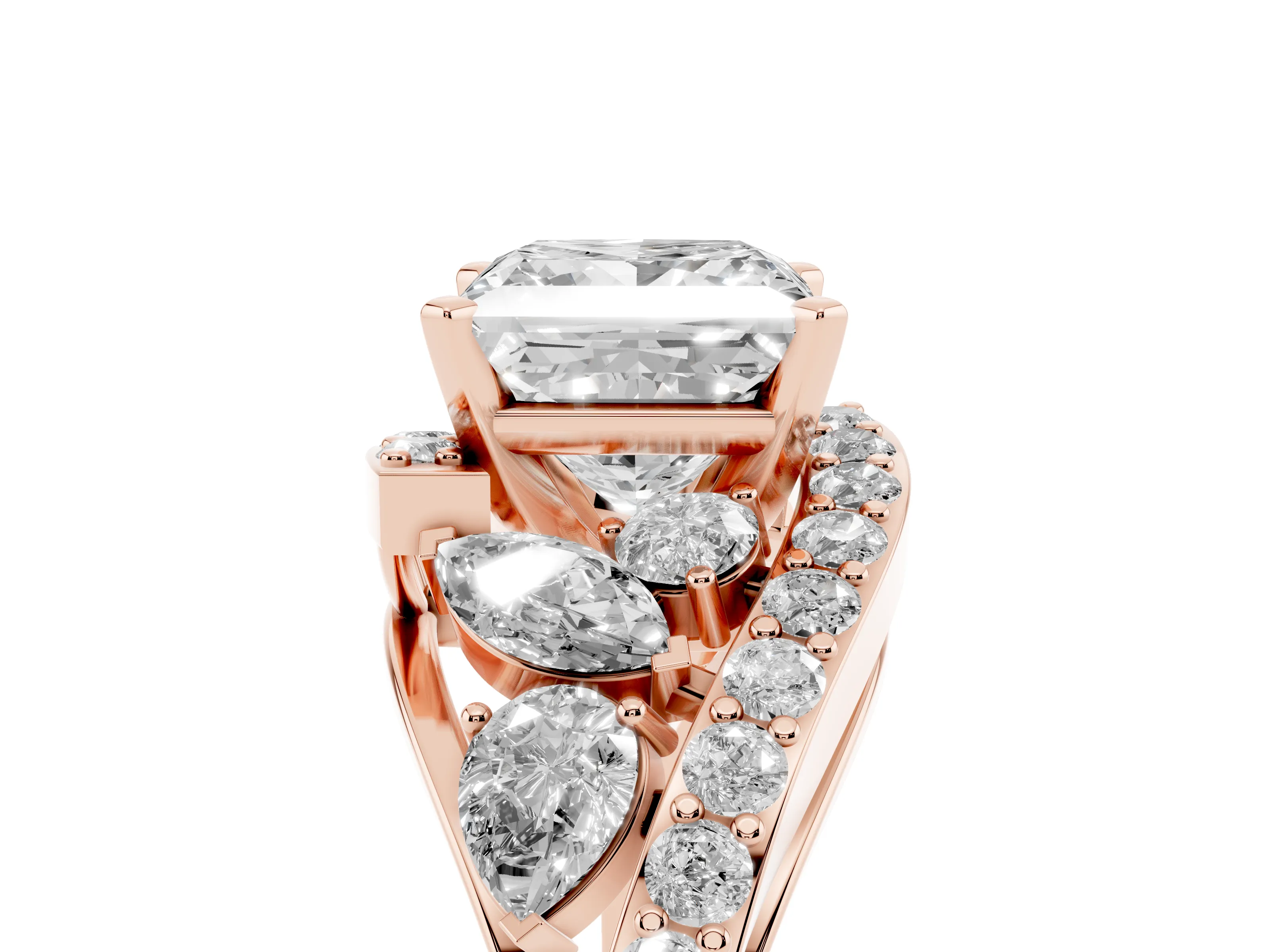 Princess Cut Diamond Halo Ring Set in Rose gold with Marquise and Pavé Band in Prong Setting