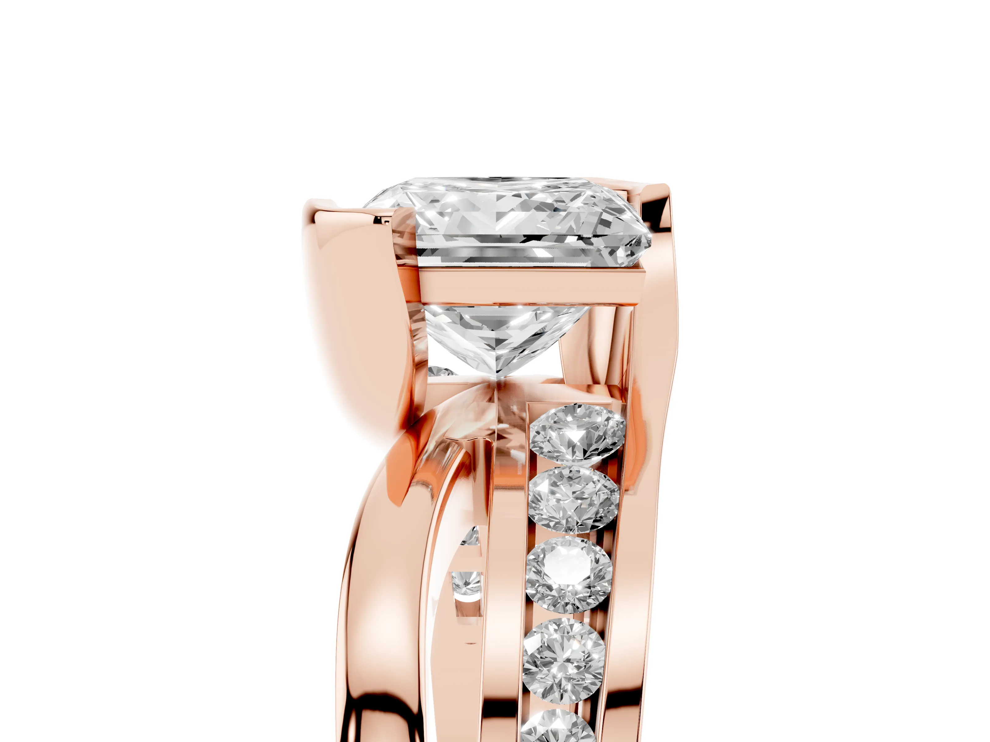 Princess Cut Diamond Solitaire Ring Set in Rose gold with Channel Set Split Shank and Tension Prongs