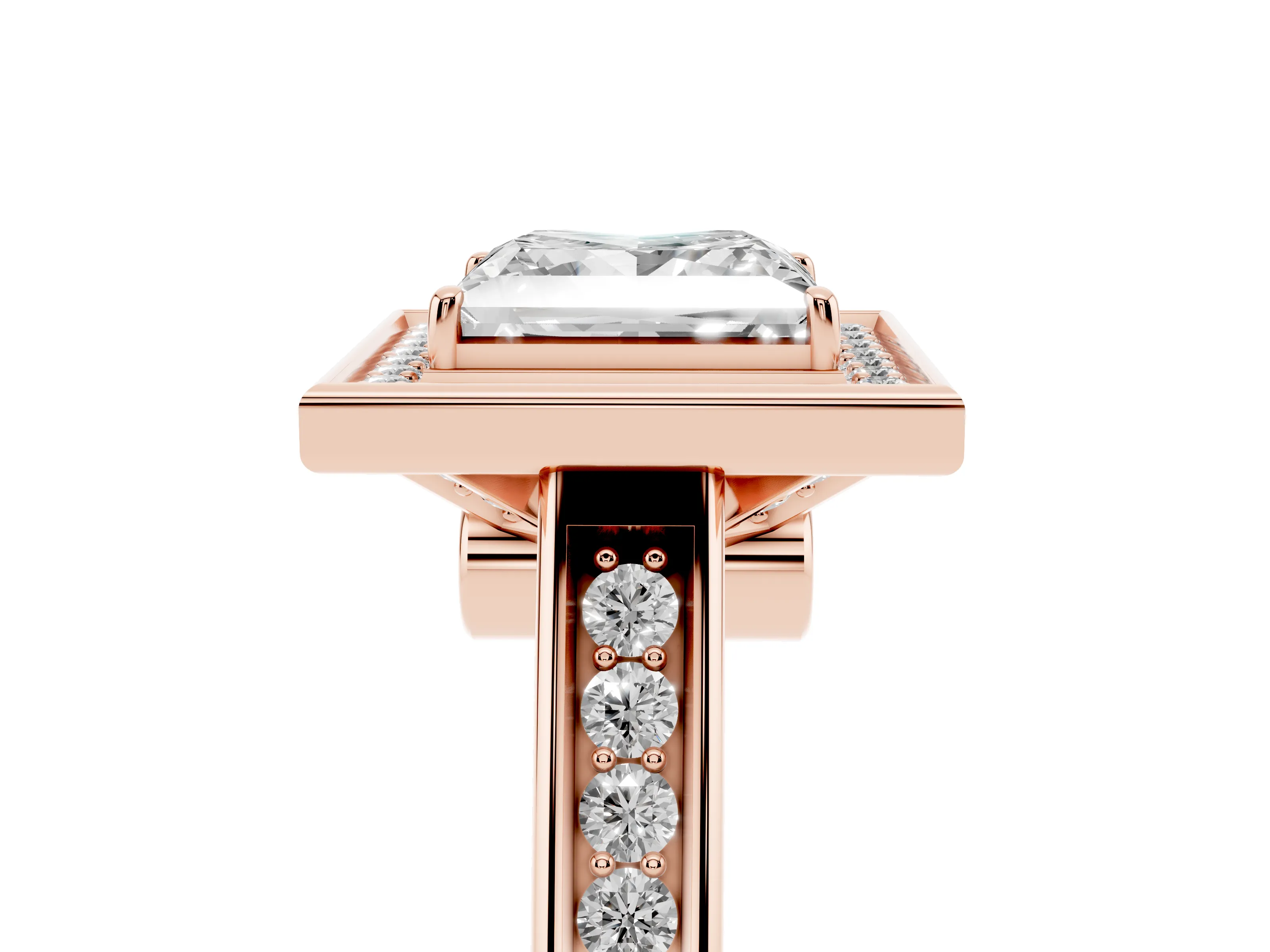 Princess Cut Diamond Halo Solitaire Ring Set in Rose gold with Pavé Band and Bezel Setting
