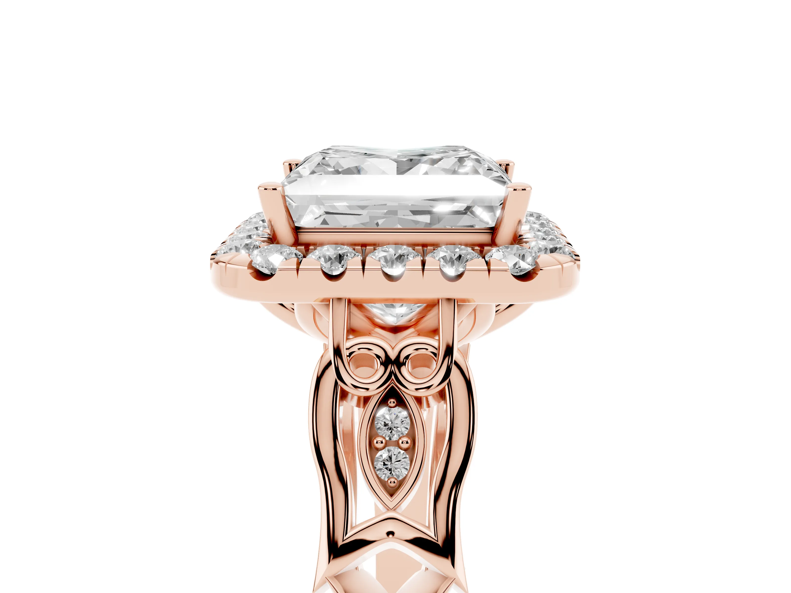 Princess Cut Diamond Halo Engagement Ring Set in Rose gold with Filigree Band and Prong-Set Center