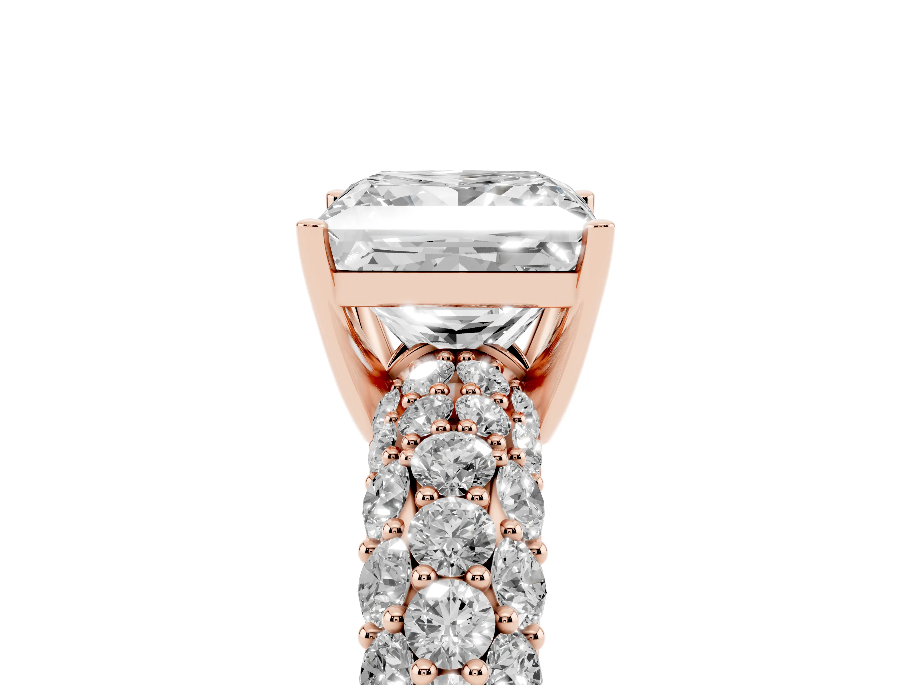 Princess Cut Diamond Pavé Band Solitaire Ring Set in Rose gold with Close-Set Accent Stones and Prong Setting