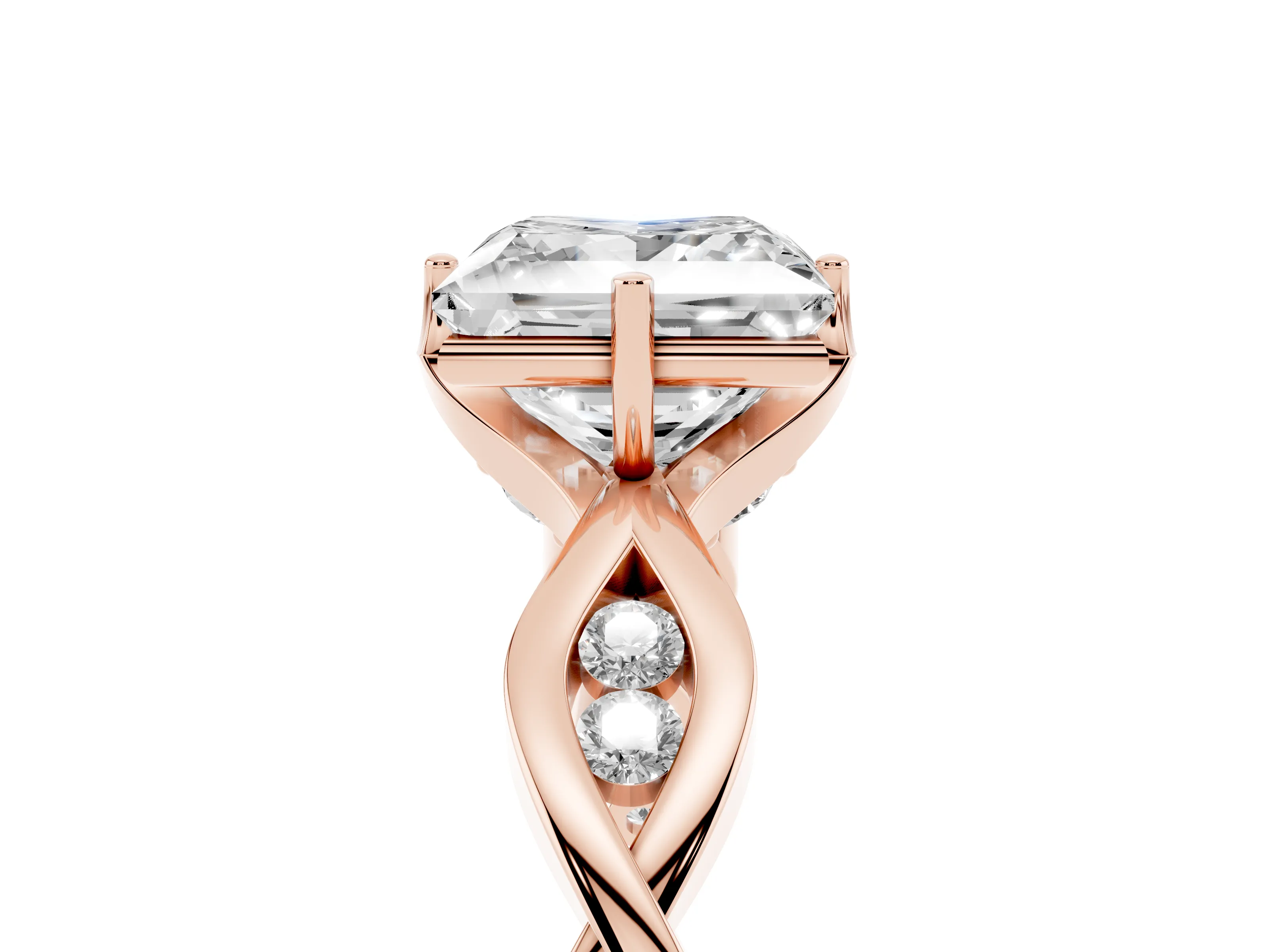 Princess Cut Diamond Twist Band Solitaire Ring Set in Rose gold with Leaf Prong Setting and Accent Stones