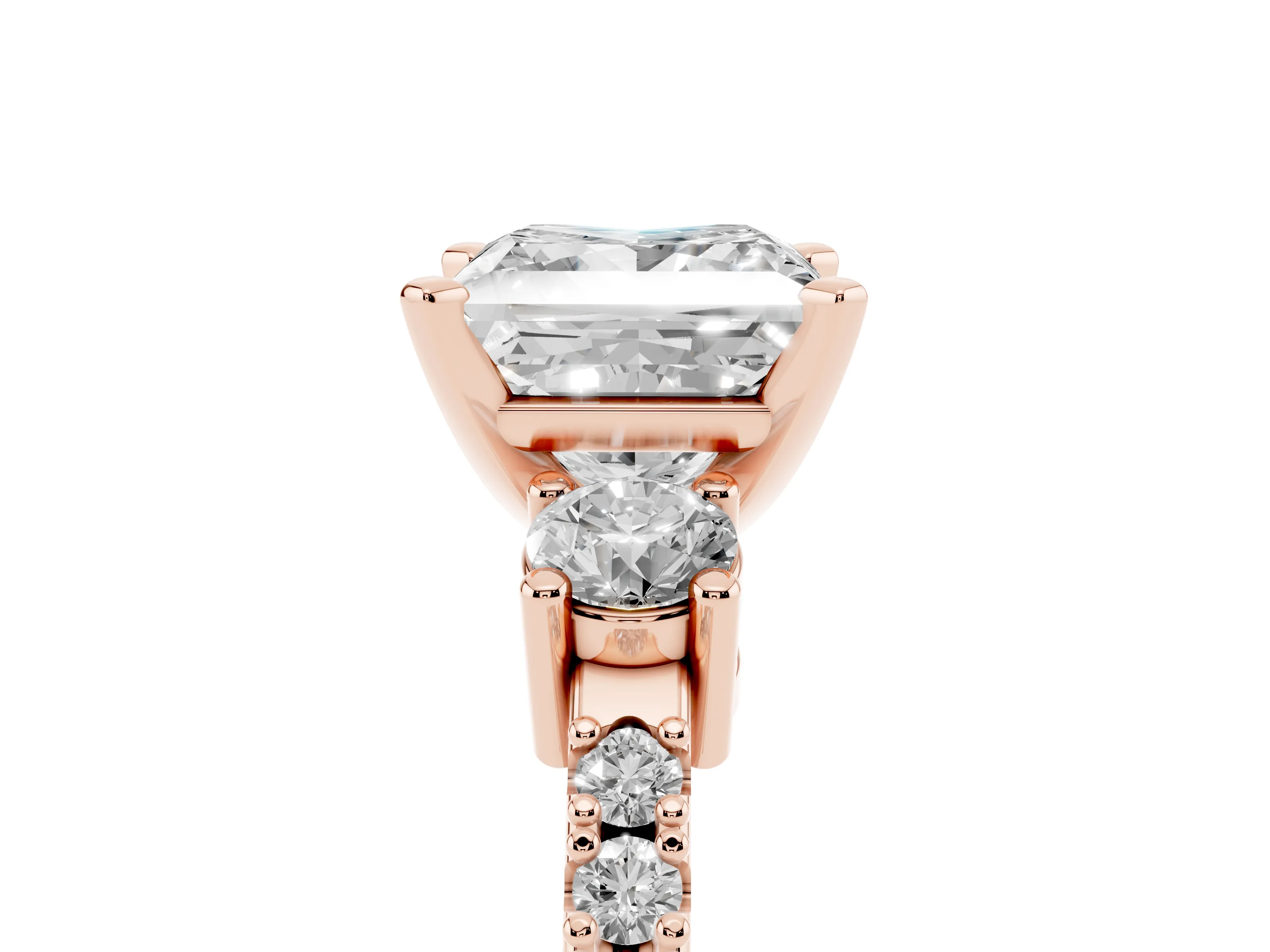 Three-Stone Princess Cut Diamond Pavé Band Ring Set in Rose gold with Prong Setting