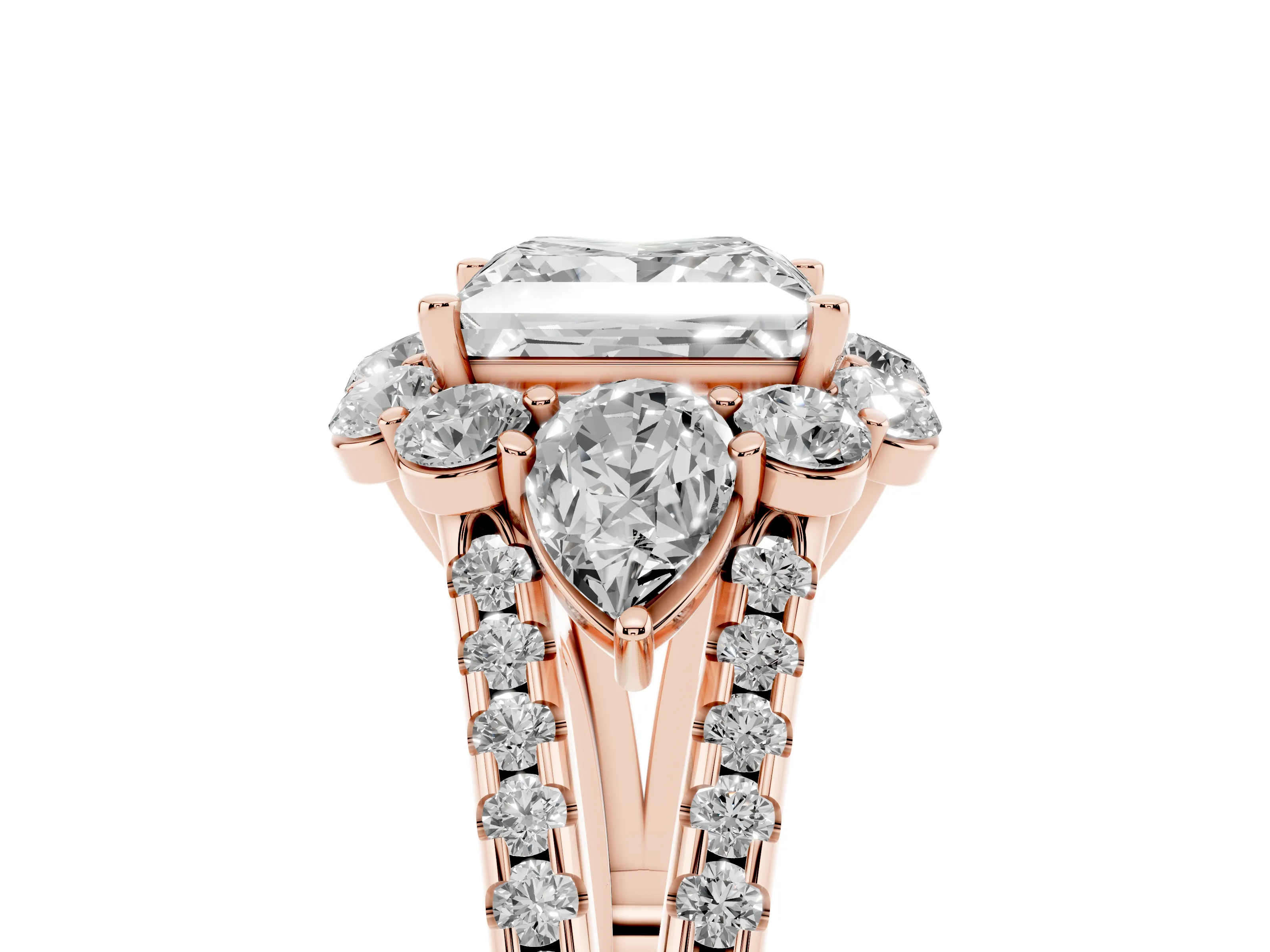 Princess Cut Diamond Halo Split Shank Engagement Ring Set in Rose gold with Prong-Held Center Stone