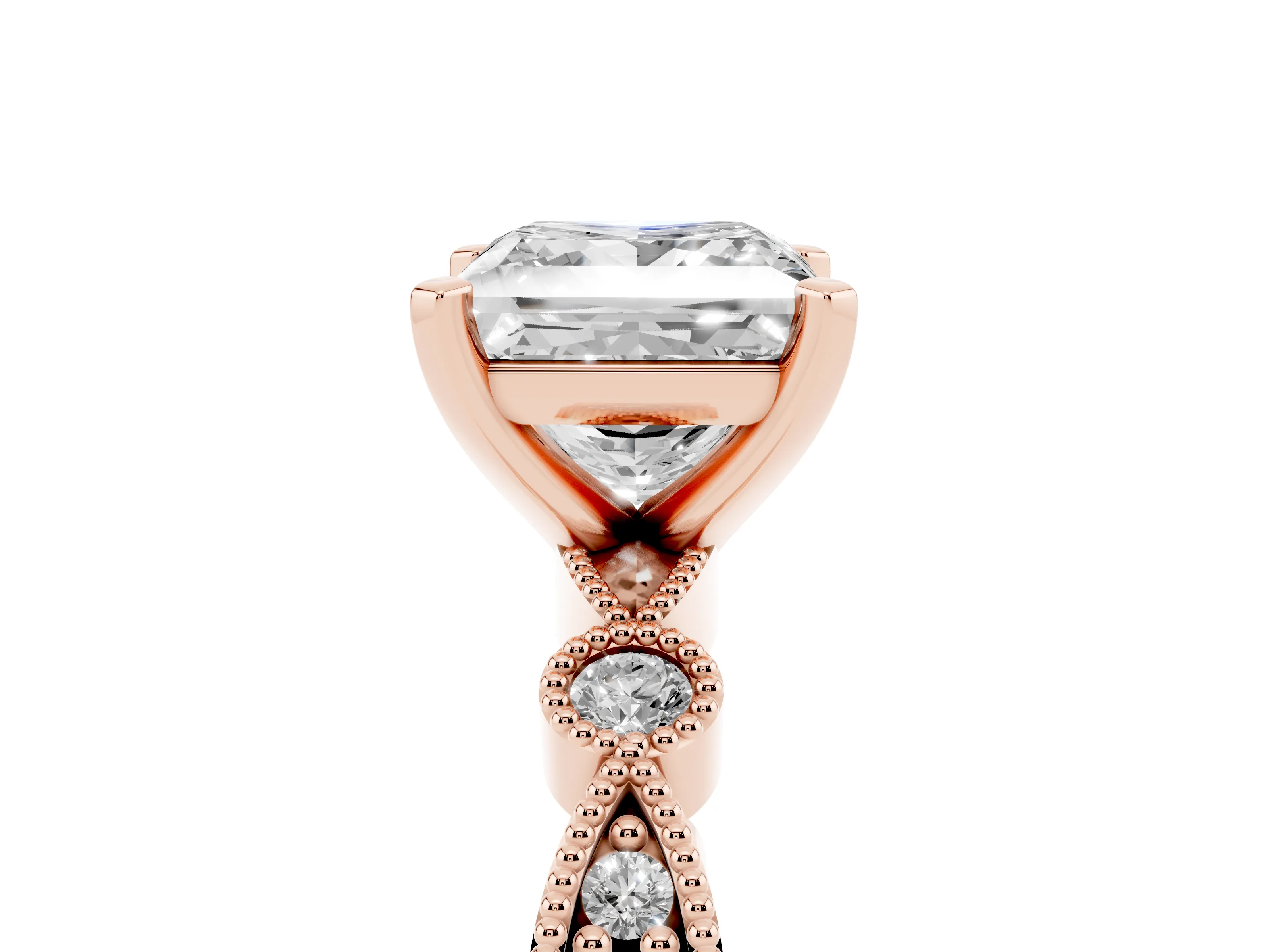 Princess Cut Diamond Solitaire Engagement Ring Set in Rose gold with Milgrain Bezel Accent Band
