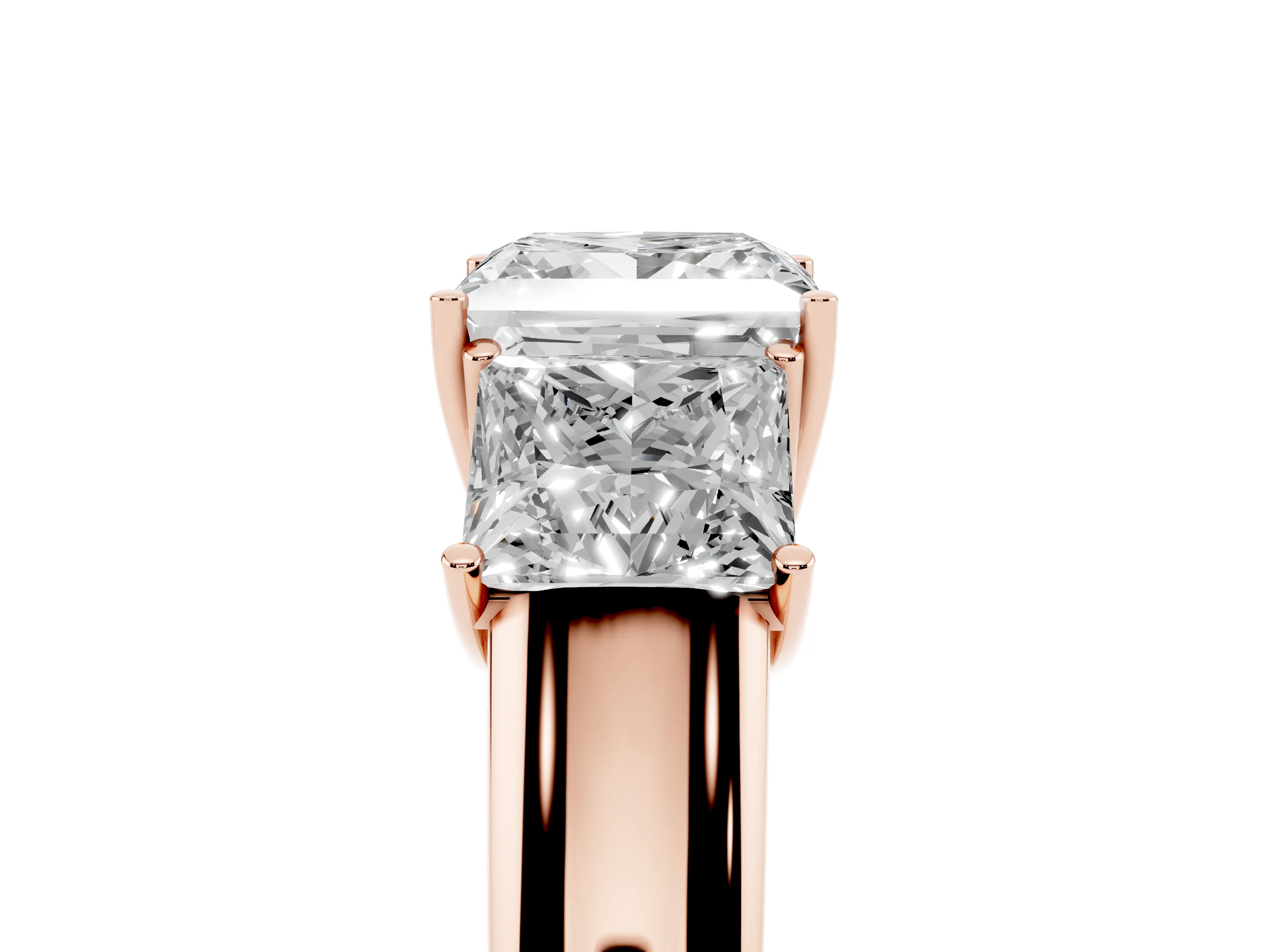 Three-Stone Princess Cut Diamond Ring Set in Rose gold with Matching Prong Settings and Plain Band