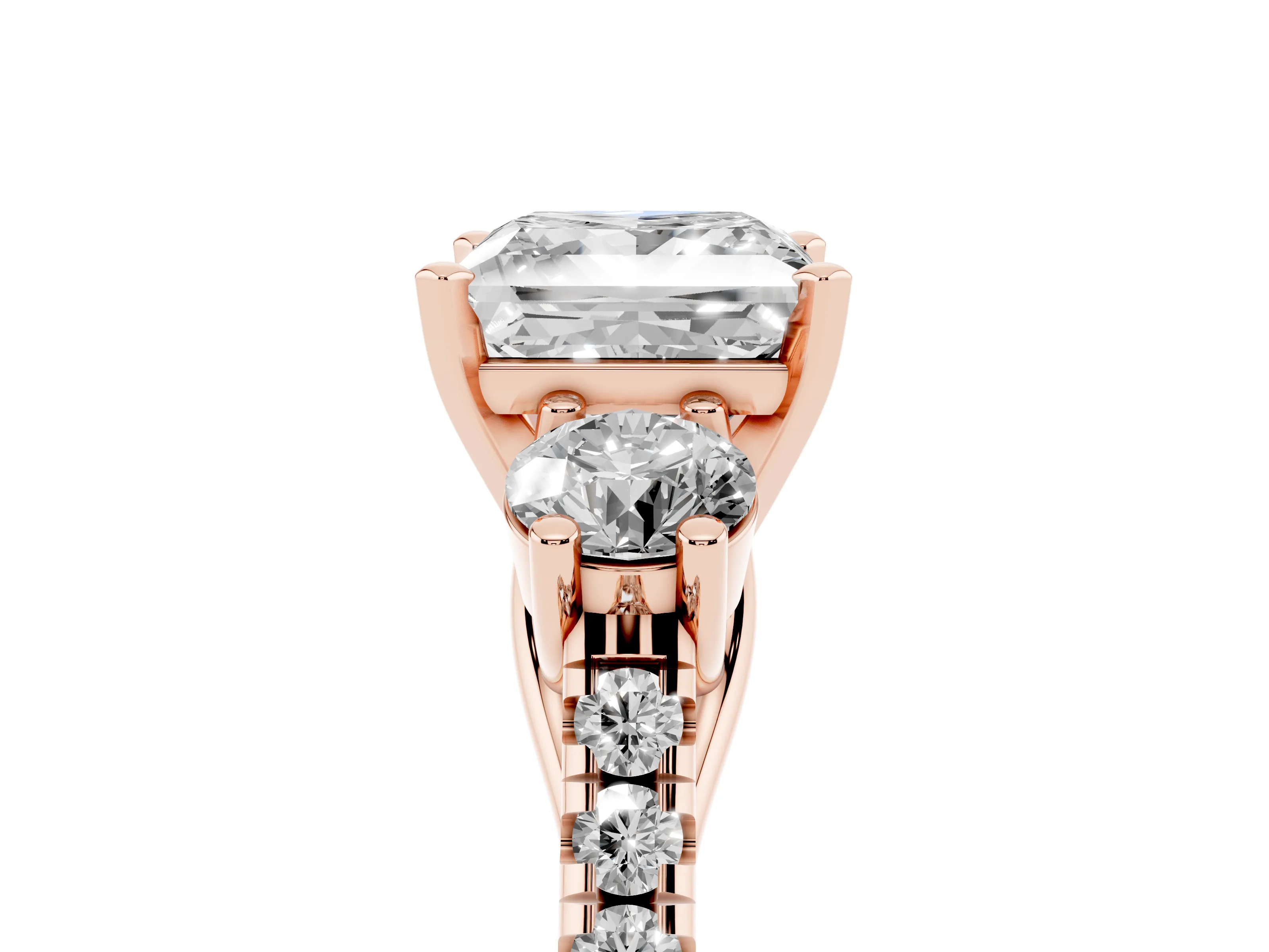 Three-Stone Princess Cut Diamond Pavé Band Ring Set in Rose gold with Prong-Set Trio