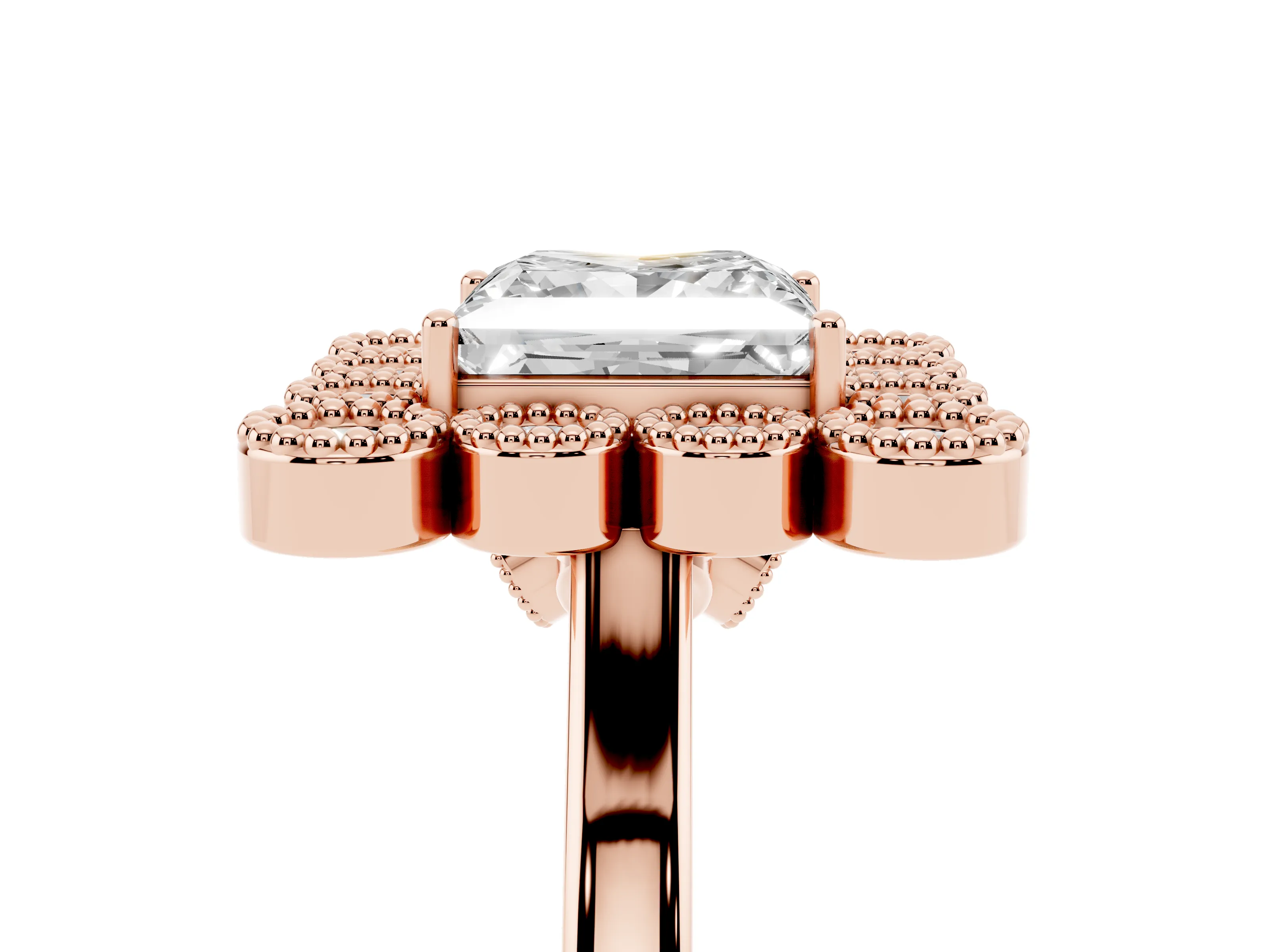 Princess Cut Diamond Cluster Halo Ring Set in Rose gold with Milgrain Bezel Accents and Plain Band