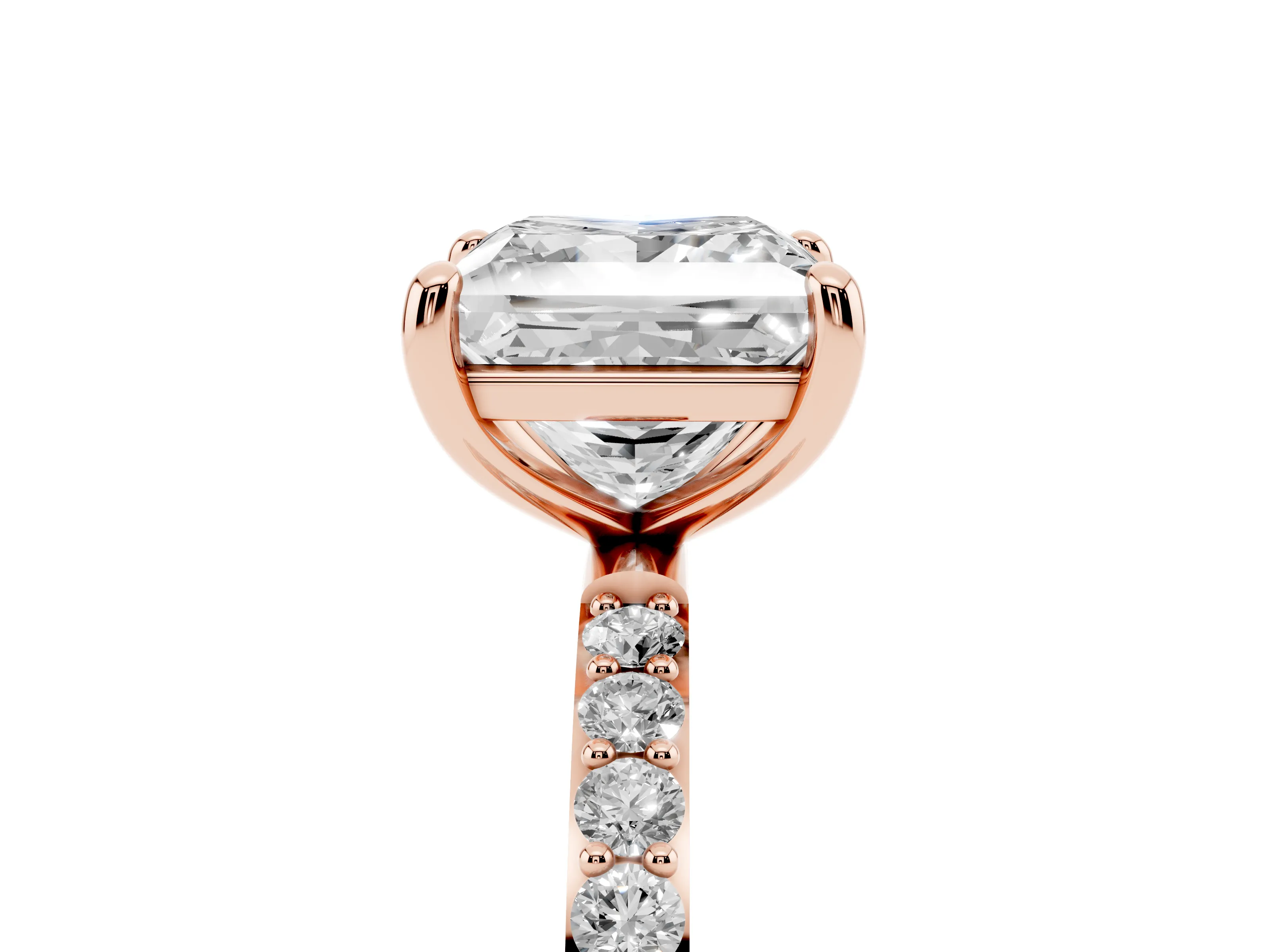 Princess Cut Diamond Solitaire Ring Set in Rose gold with Round Pavé Band and Prong Setting
