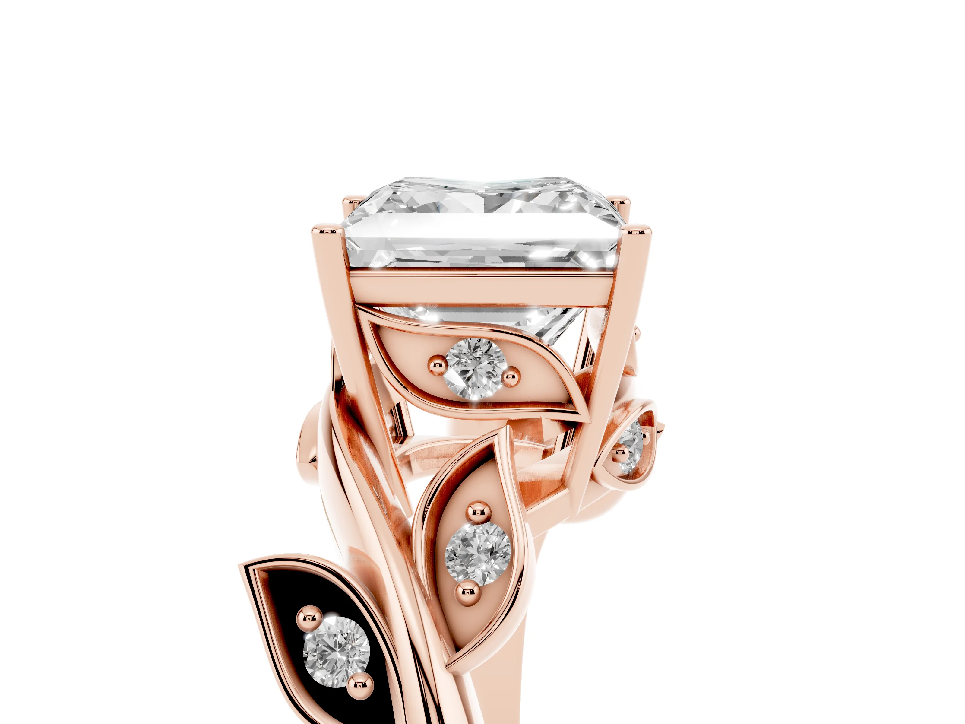 Princess Cut Diamond Solitaire Twist Engagement Ring Set in Rose gold with Pavé Leaf Accents