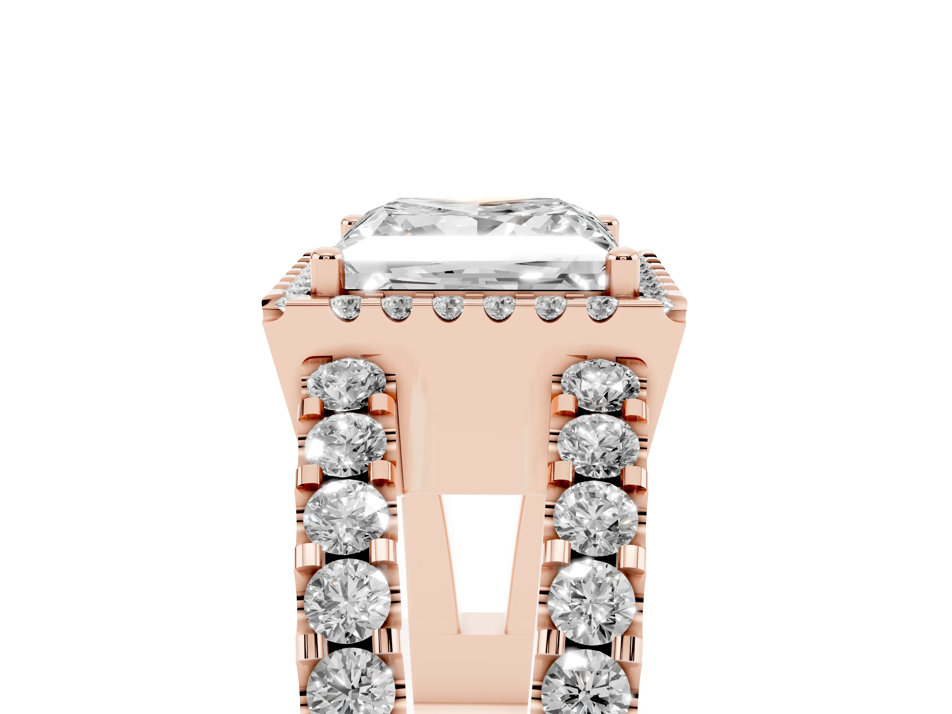 Princess Cut Diamond Halo Ring Set in Rose gold with Pavé Split Shank and Prong Setting