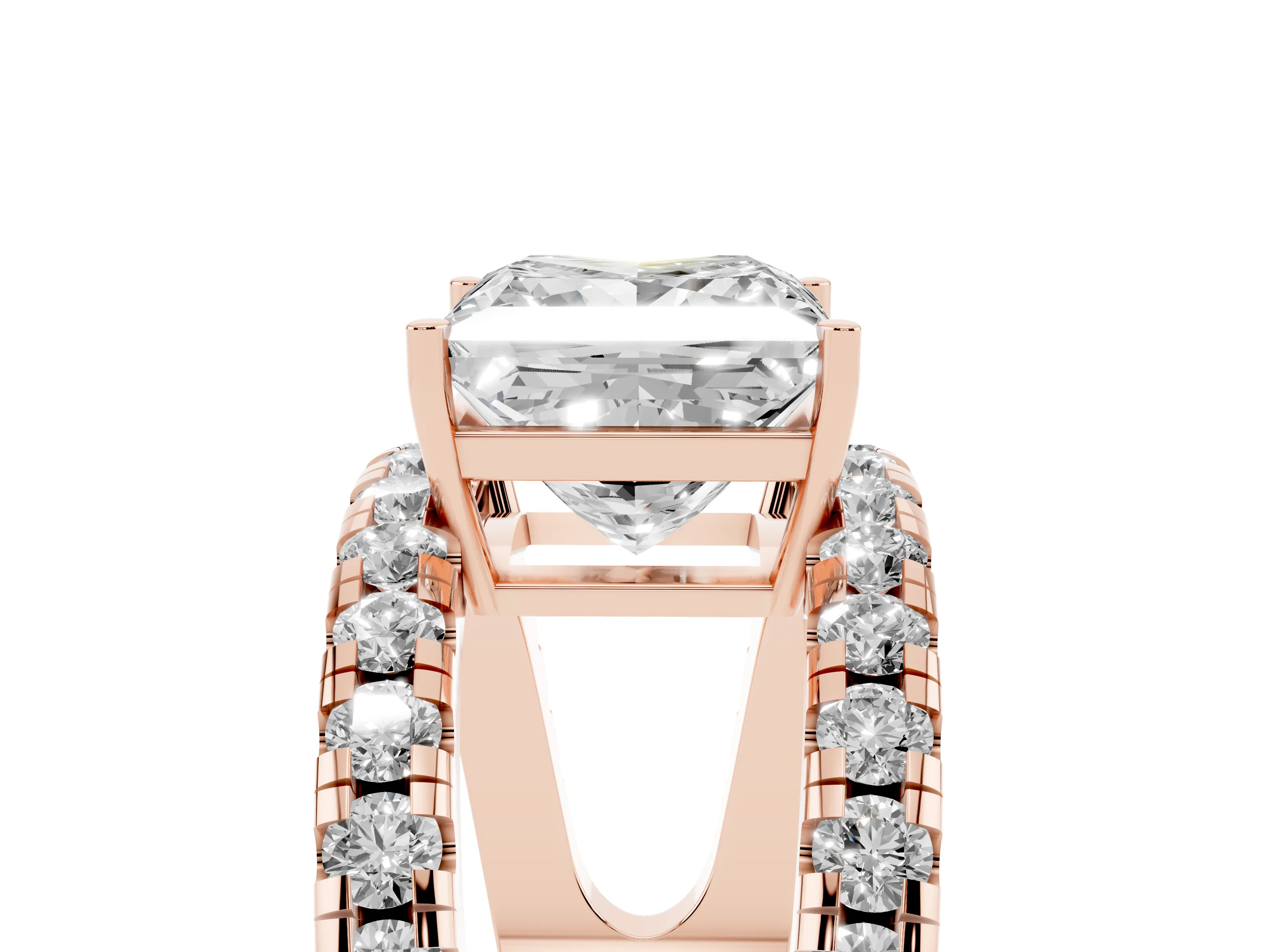 Princess Cut Diamond Split Shank Pavé Solitaire Ring Set in Rose gold with Open Shank Design