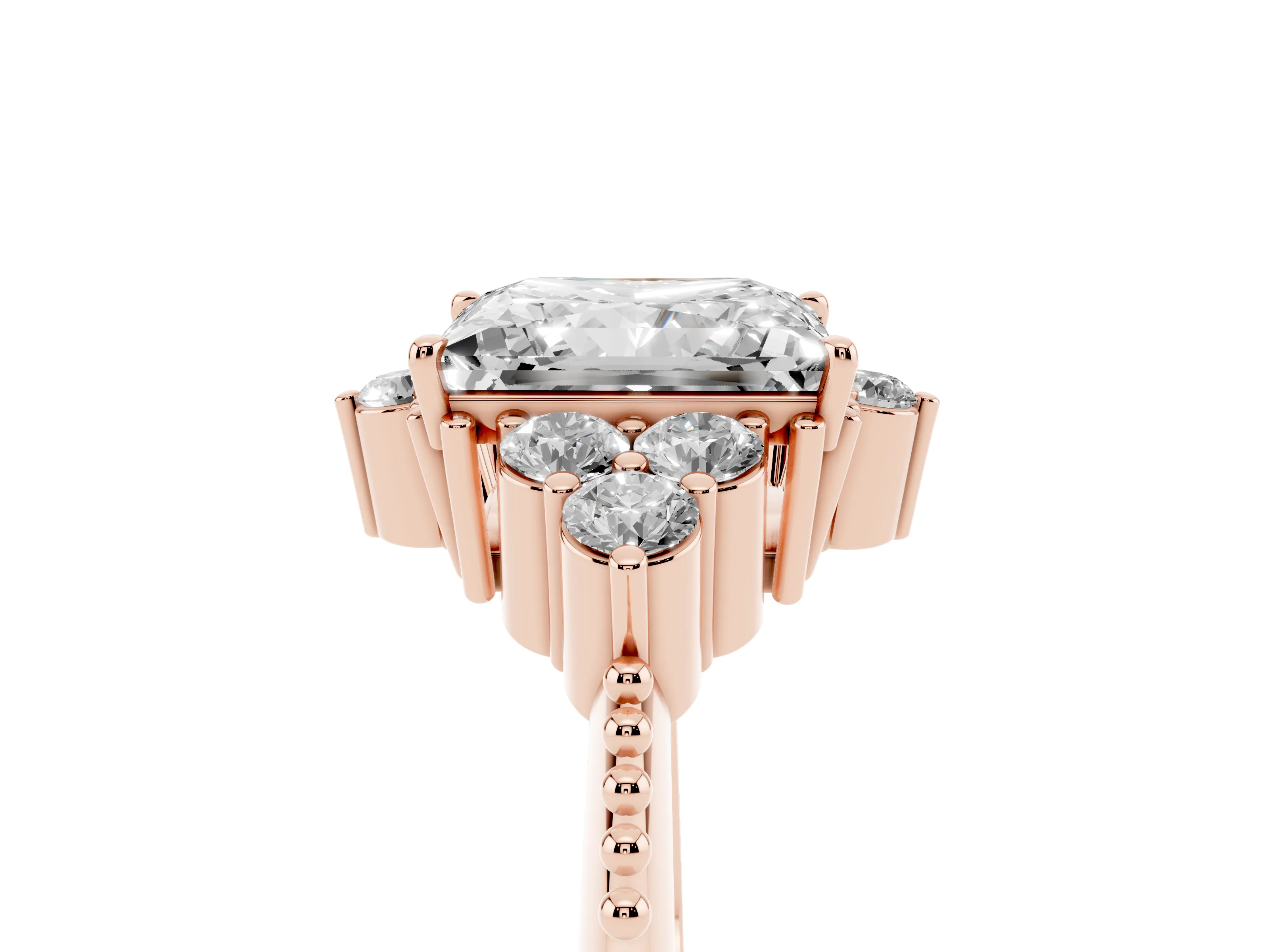 Princess Cut Diamond Cluster Ring Set in Rose gold with Beaded Band