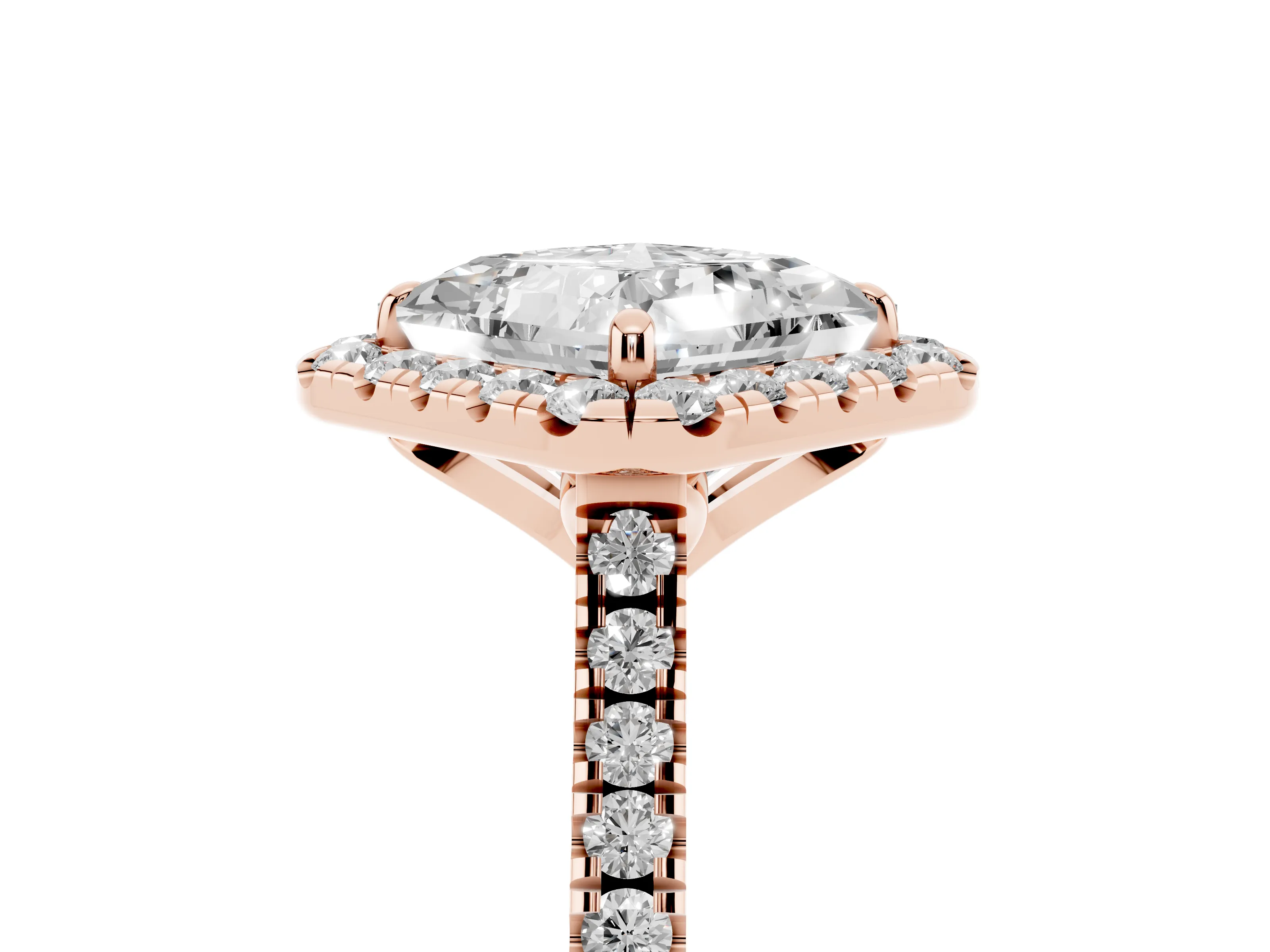 Princess Cut Diamond Cushion Halo Ring Set in Rose gold with Pavé Band