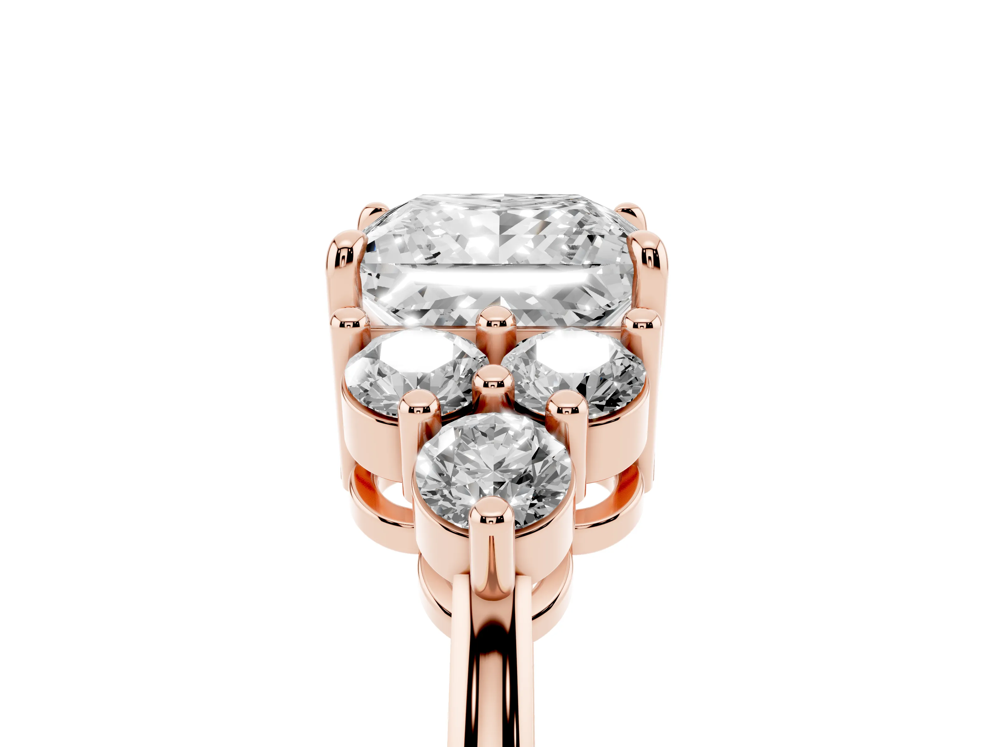 Princess Cut Diamond Solitaire Ring Set in Rose gold with Cluster Accents on Each Side