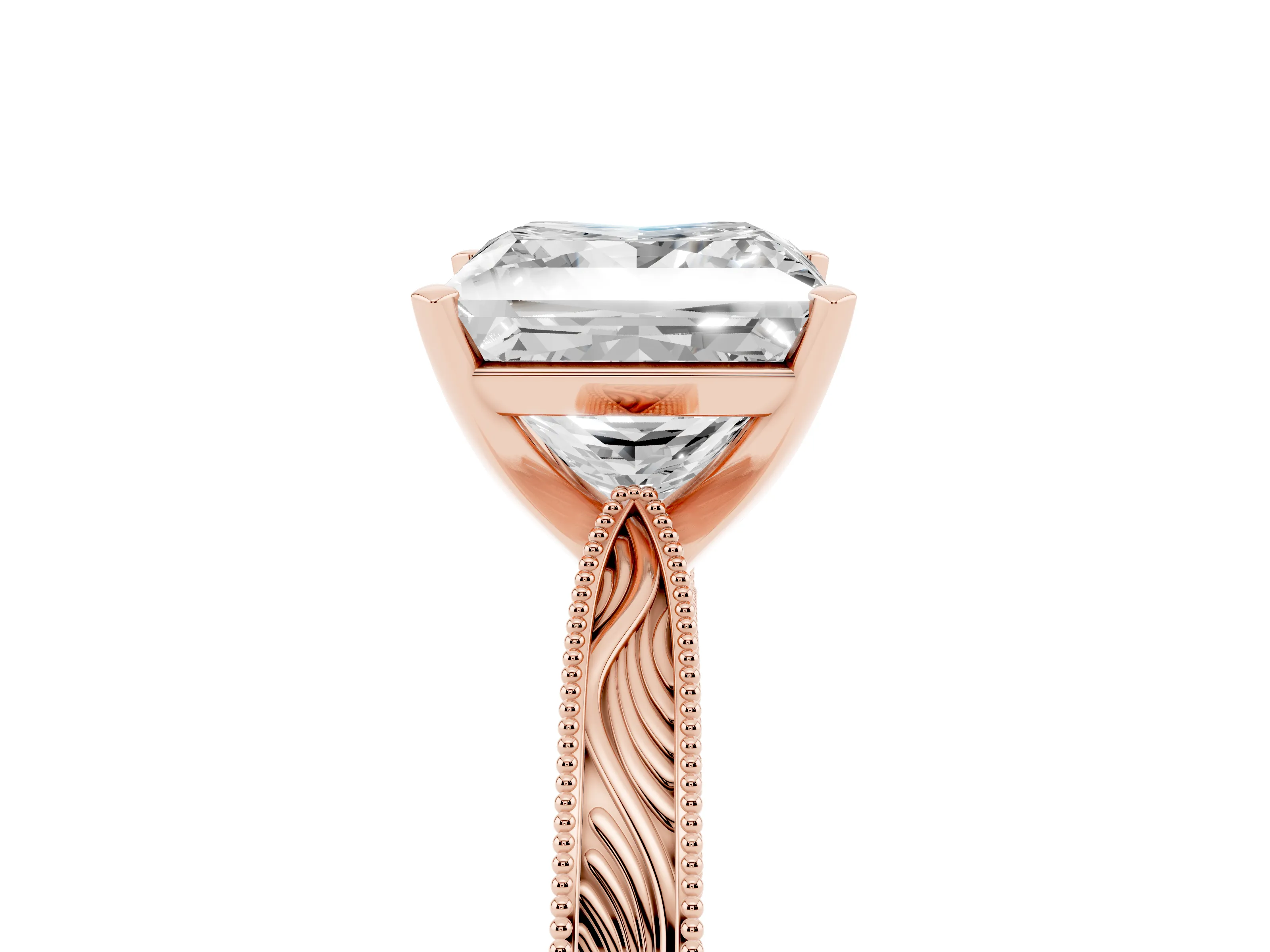 Princess Cut Diamond Solitaire Milgrain Engraved Band Set in Rose gold with Prong Setting