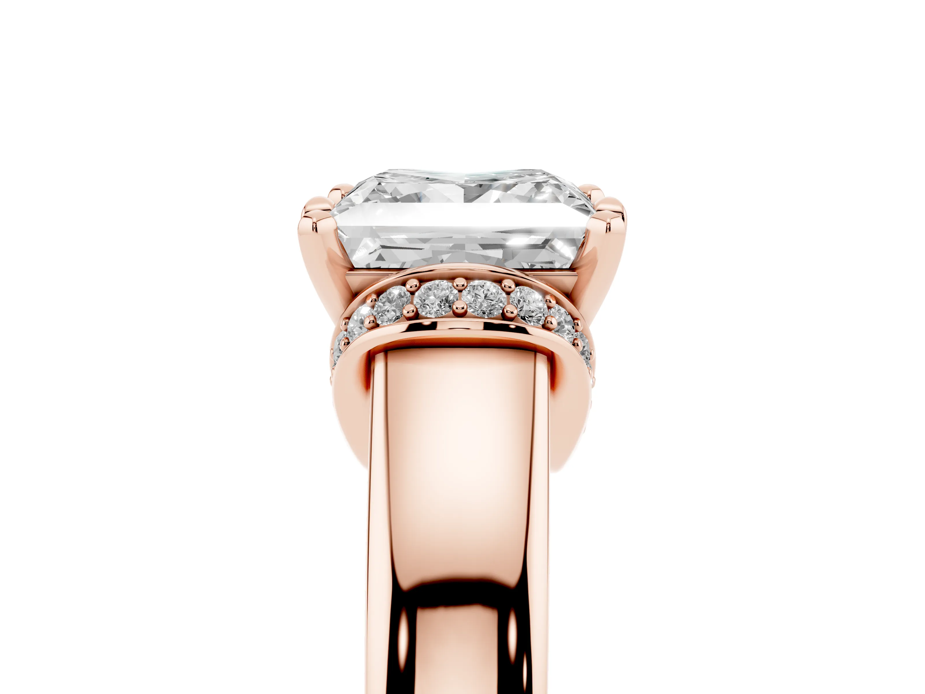 Princess Cut Diamond Pavé Band Solitaire Ring Set in Rose gold with Prong Setting
