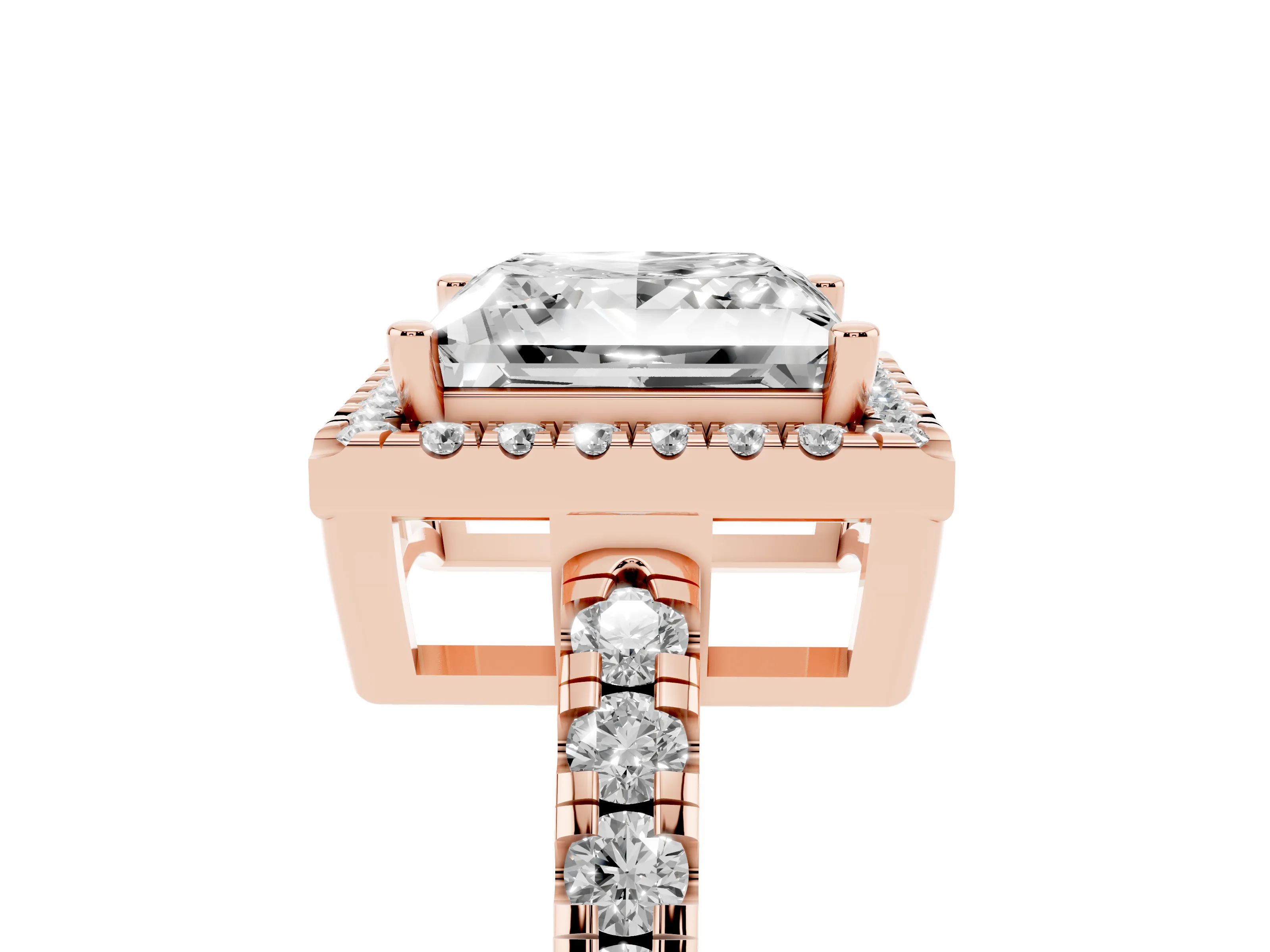Princess Cut Diamond Halo Ring Set in Rose gold with Delicate Pavé Band and Prong Setting