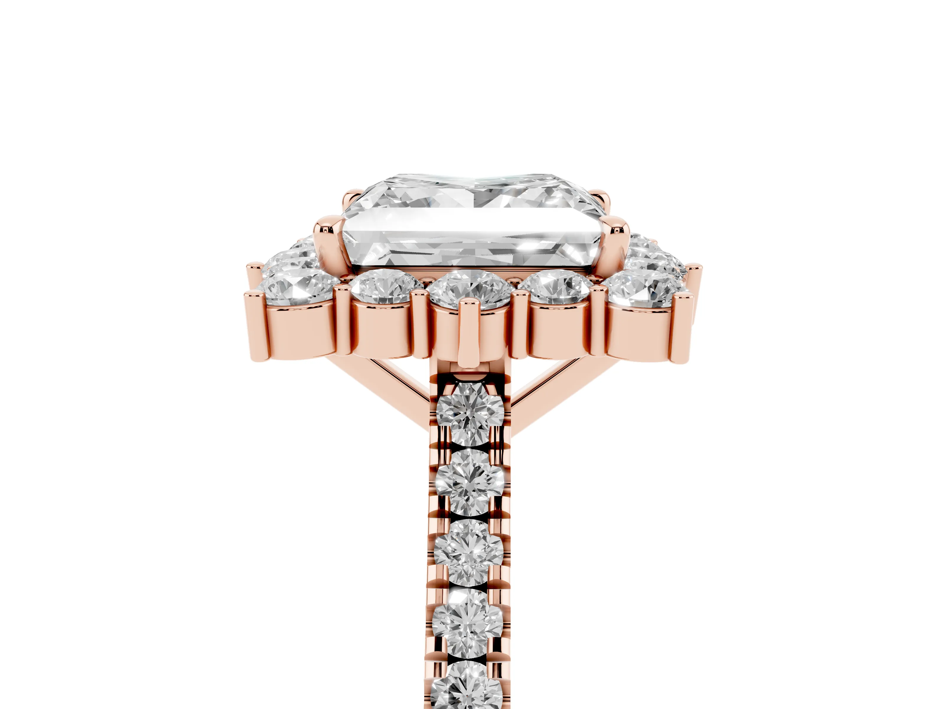 Princess Cut Diamond Halo Ring Set in Rose gold with Pavé Band and Prong Setting