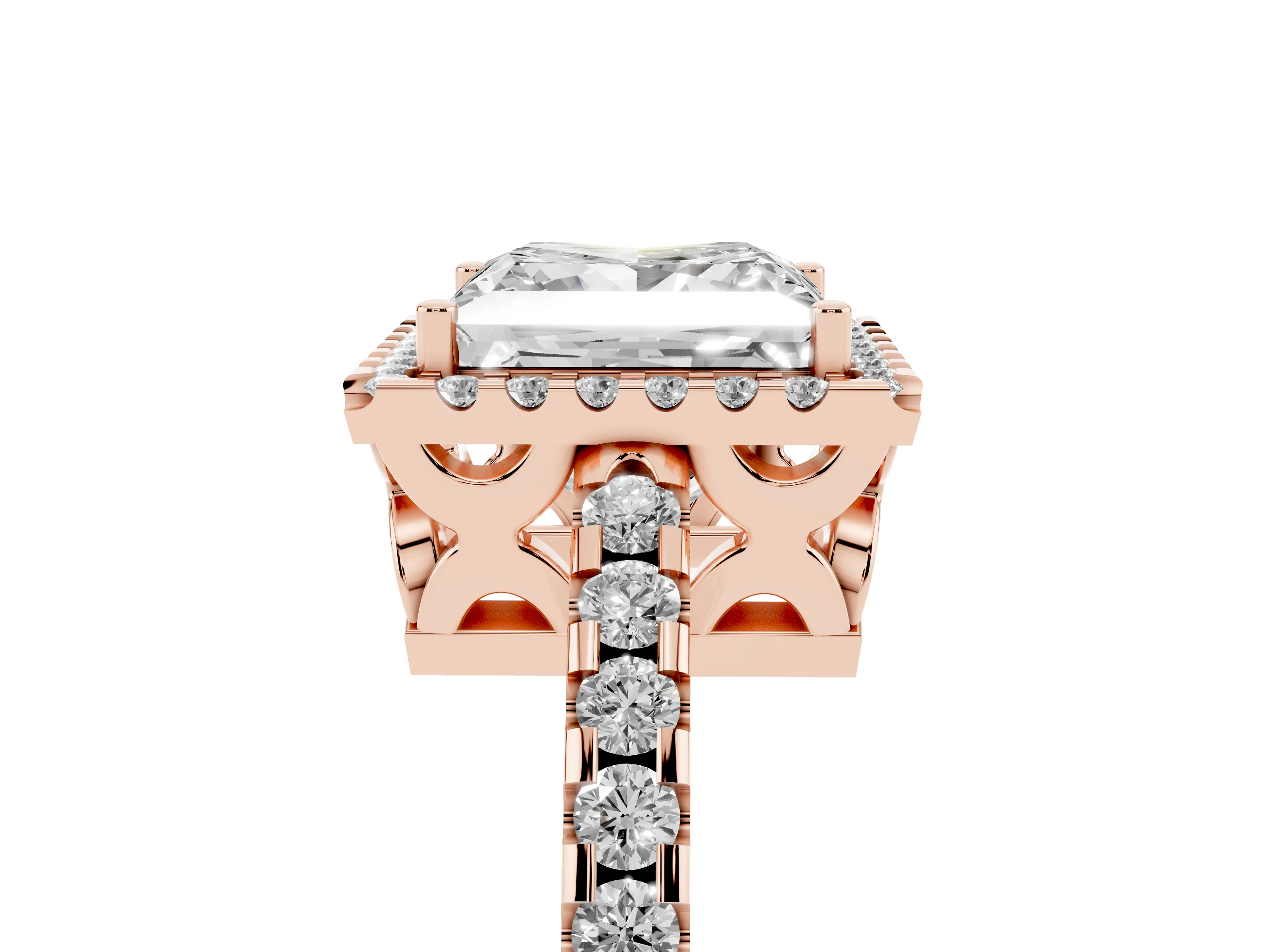 Princess Cut Diamond Halo Ring Set in Rose gold with Pavé Shoulders and Halo-Framed Center