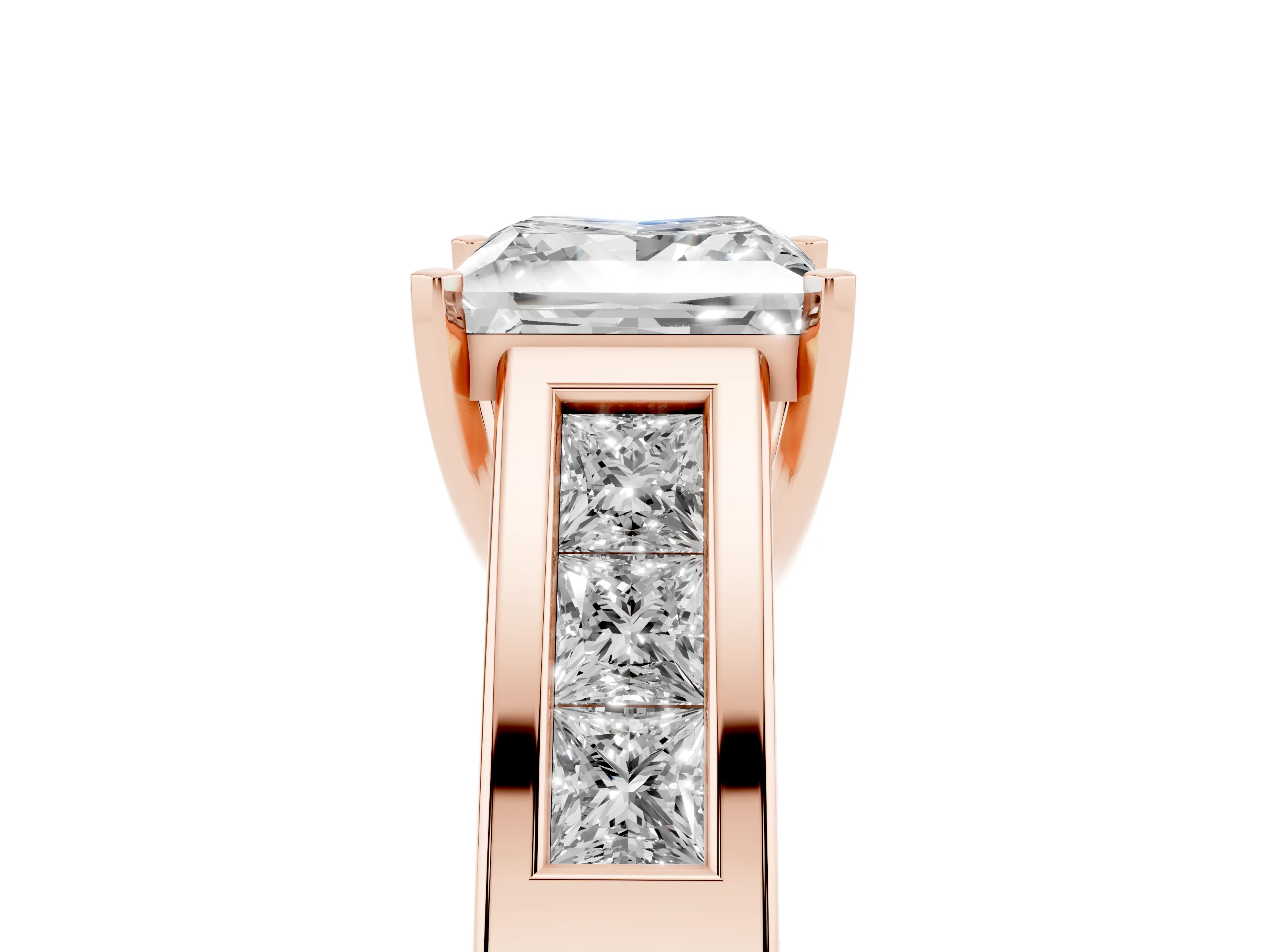 Princess Cut Diamond Solitaire Ring Set in Rose gold with Channel-Set Accent Stones and Prong Setting
