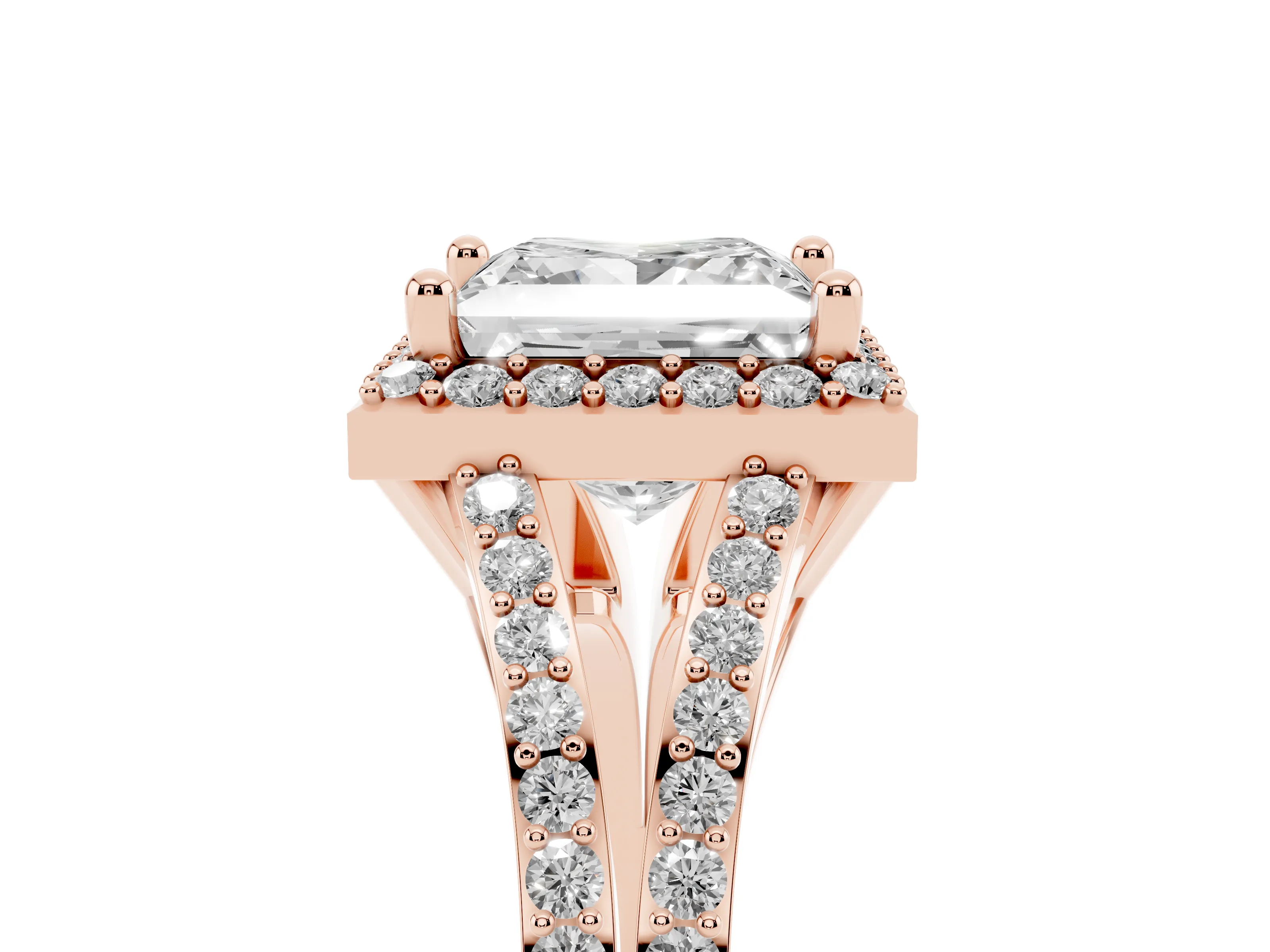 Princess Cut Diamond Halo Split Shank Pavé Ring Set in Rose gold with Prong Setting