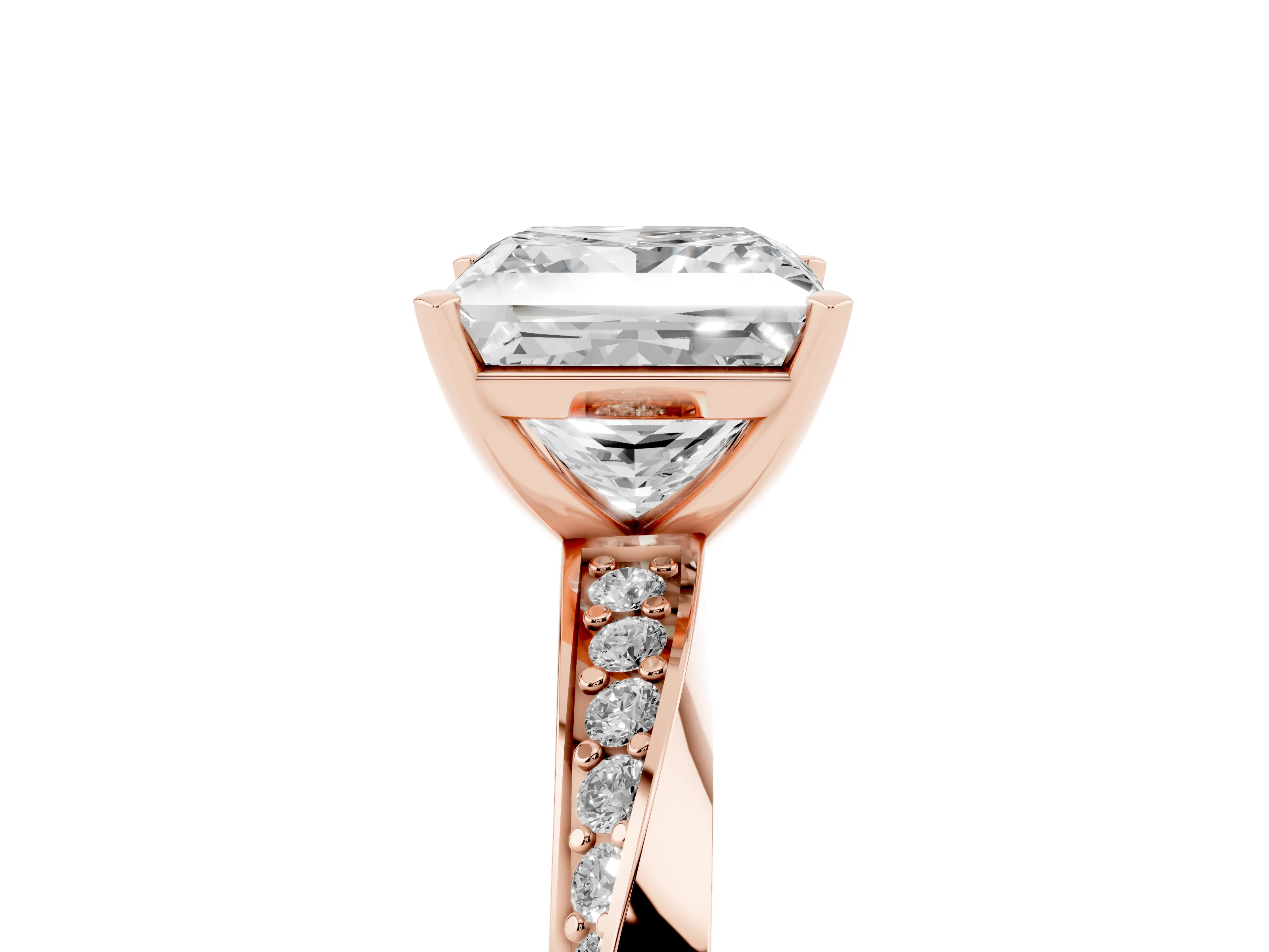 Princess Cut Diamond Engagement Ring Set in Rose gold with Side Stone Accents and Prong Setting
