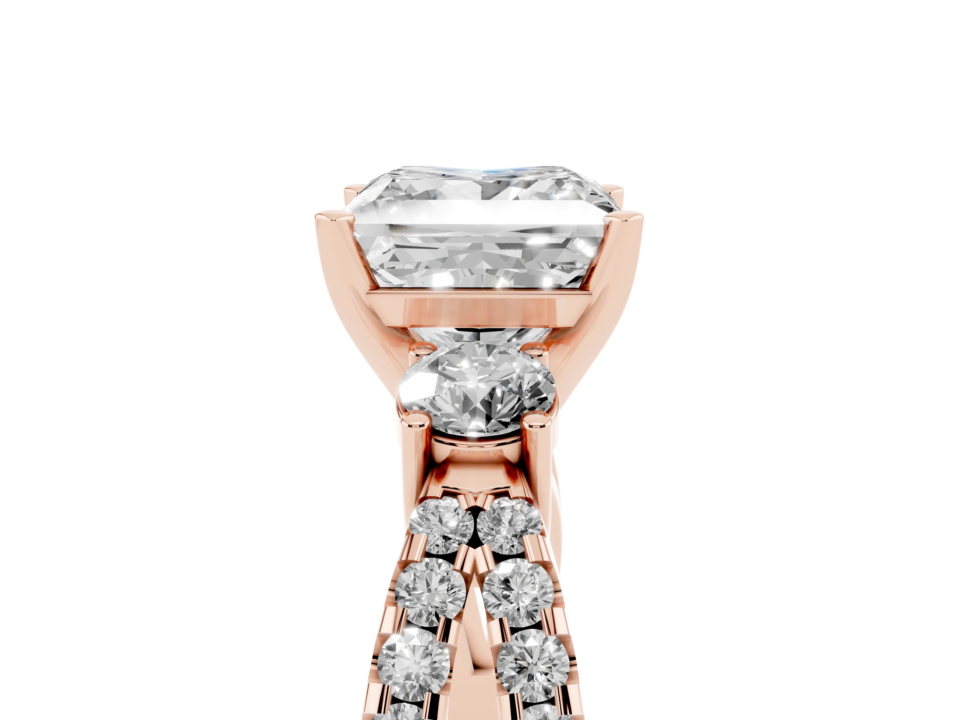 Princess Cut Diamond Three-Stone Ring Set in Rose gold with Pavé Split Shank and Prong Setting