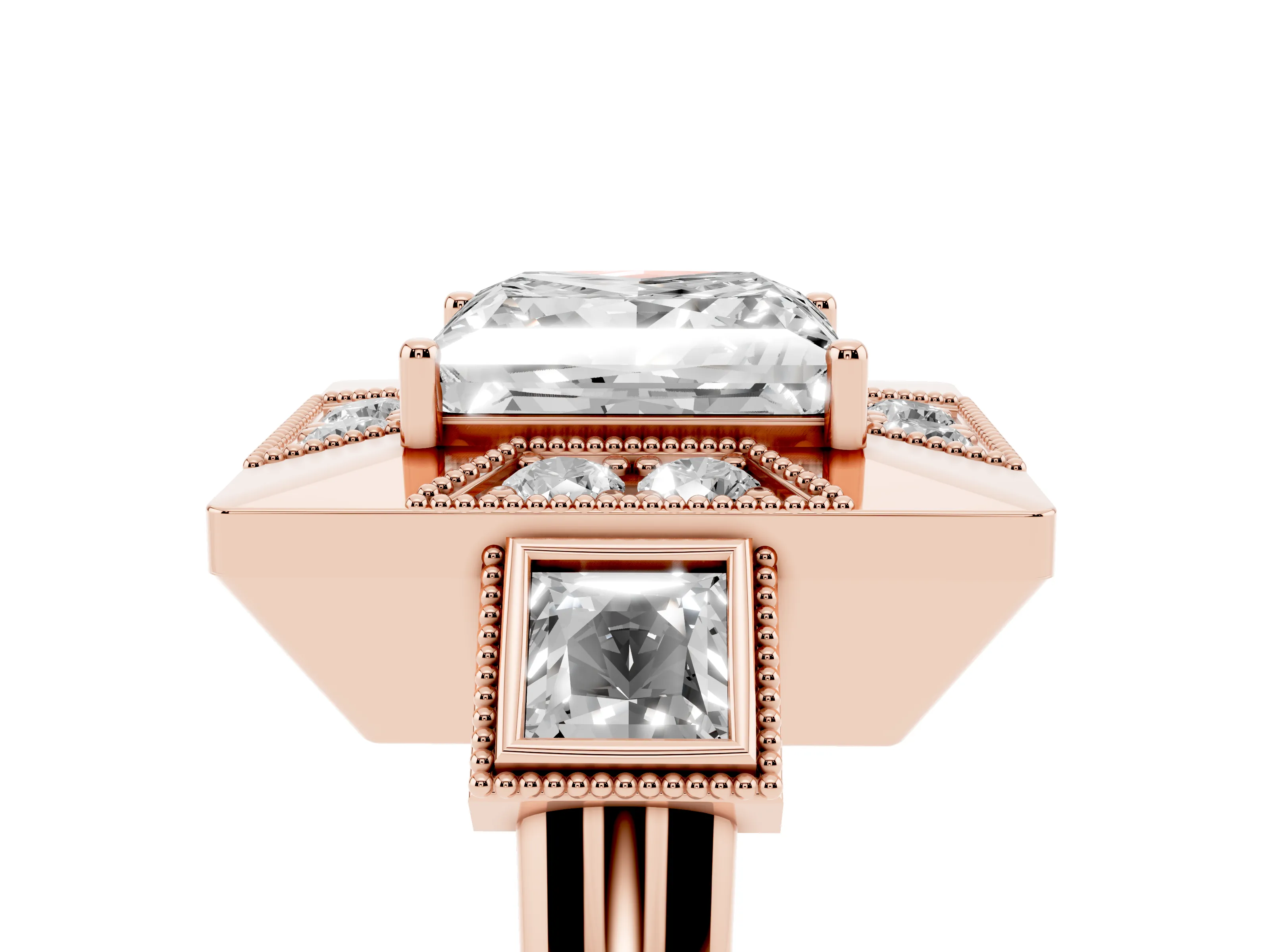 Princess Cut Diamond Milgrain Halo Ring Set in Rose gold with Split Shank
