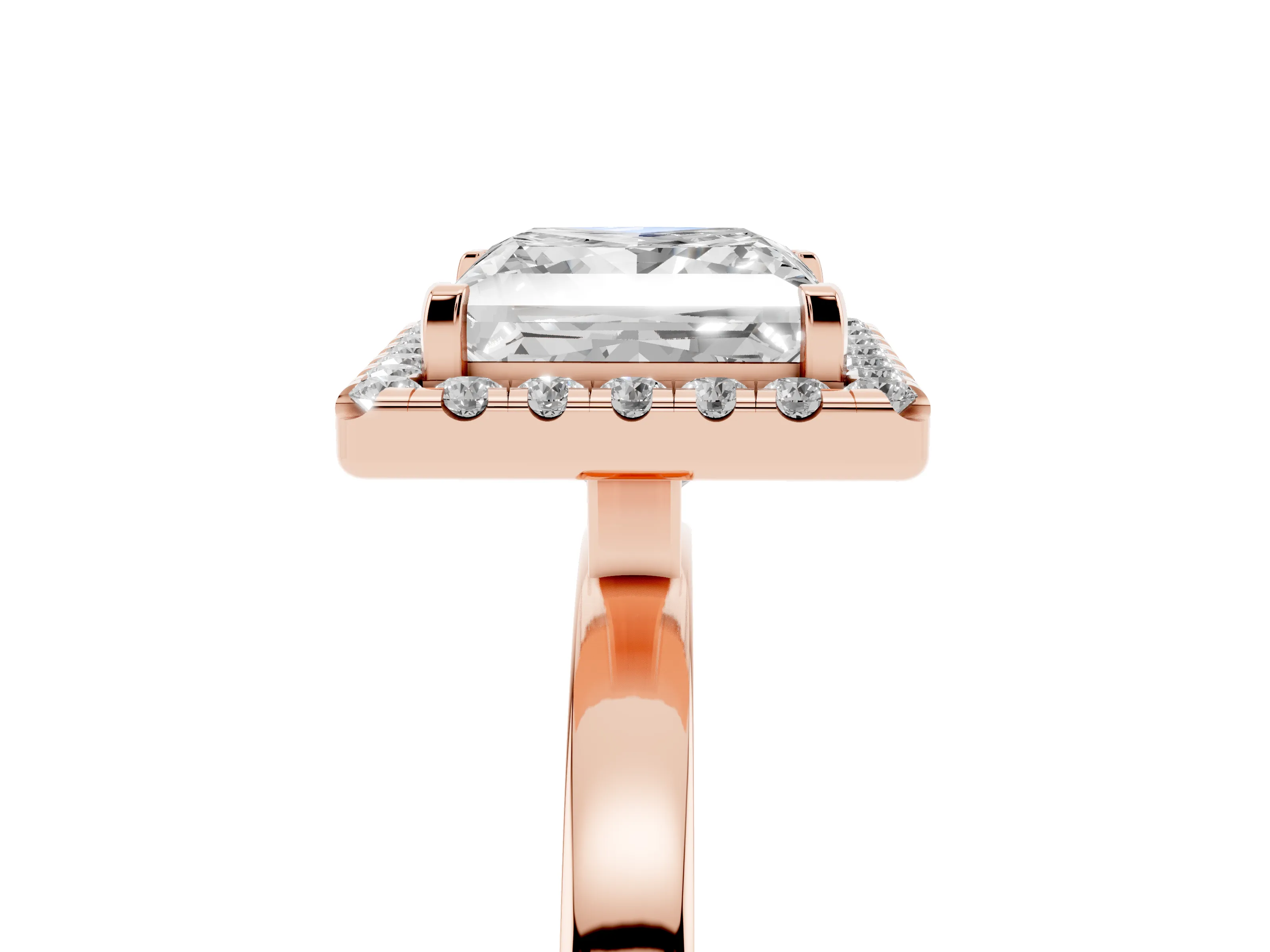 Princess Cut Diamond Halo Solitaire Ring Set in Rose gold with Pavé Band and Prong Setting