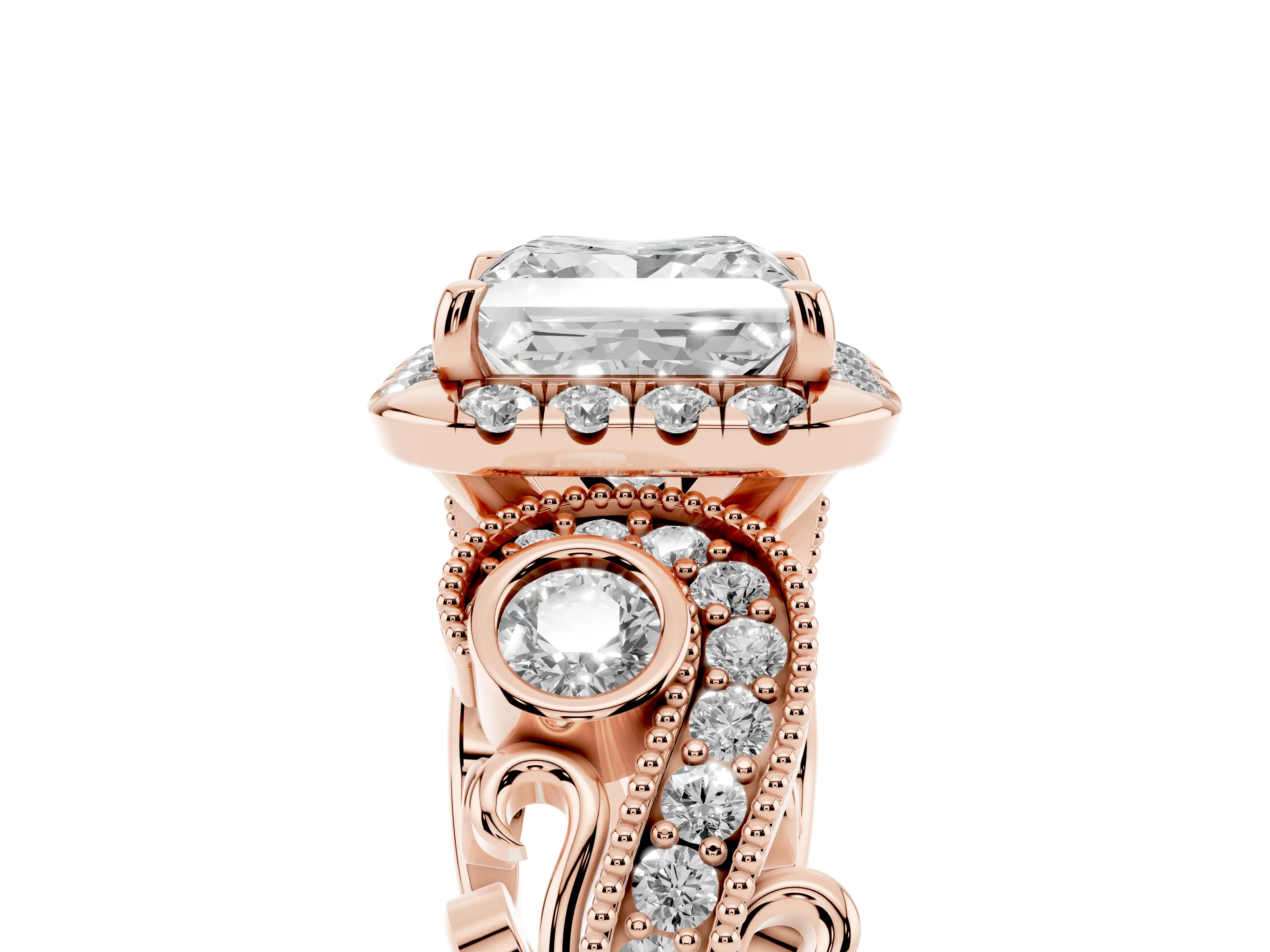 Princess Cut Diamond Halo Ring Set in Rose gold with Milgrain Pavé Band and Prong Setting