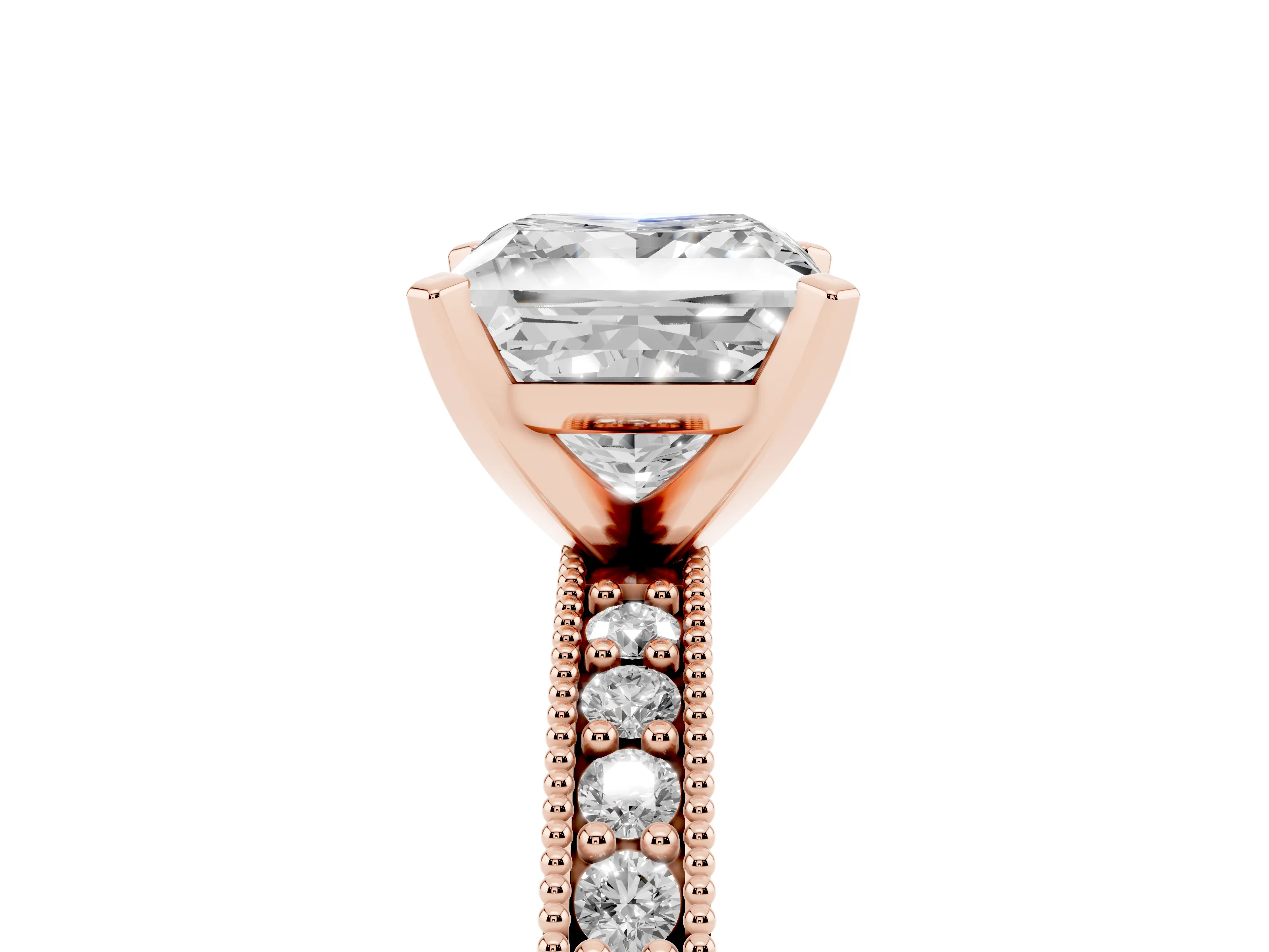 Princess Cut Diamond Milgrain Pavé Engagement Ring Set in Rose gold with Prong Setting