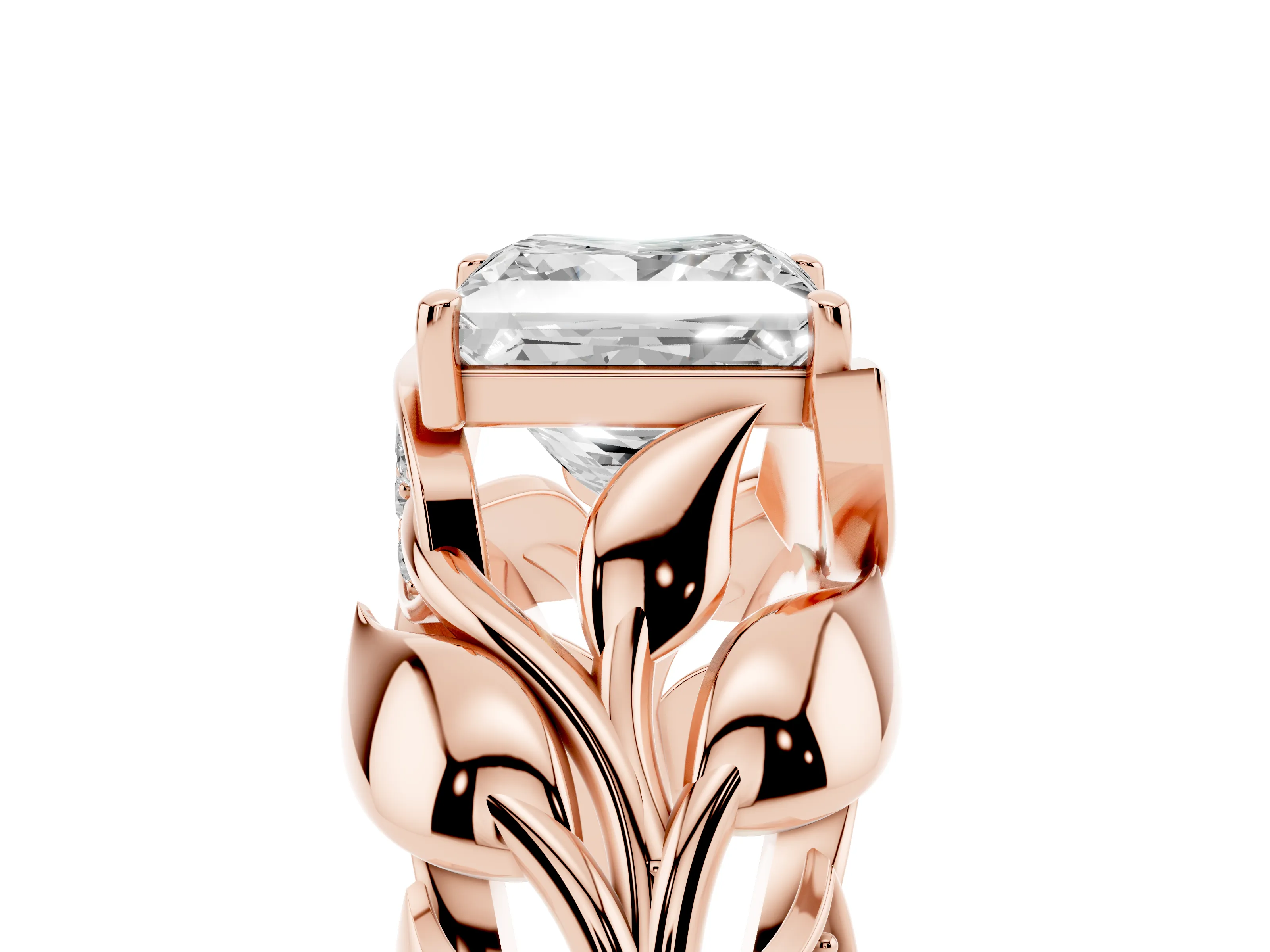 Princess Cut Diamond Leaf-Inspired Engagement Ring Set in Rose gold with Round Accents
