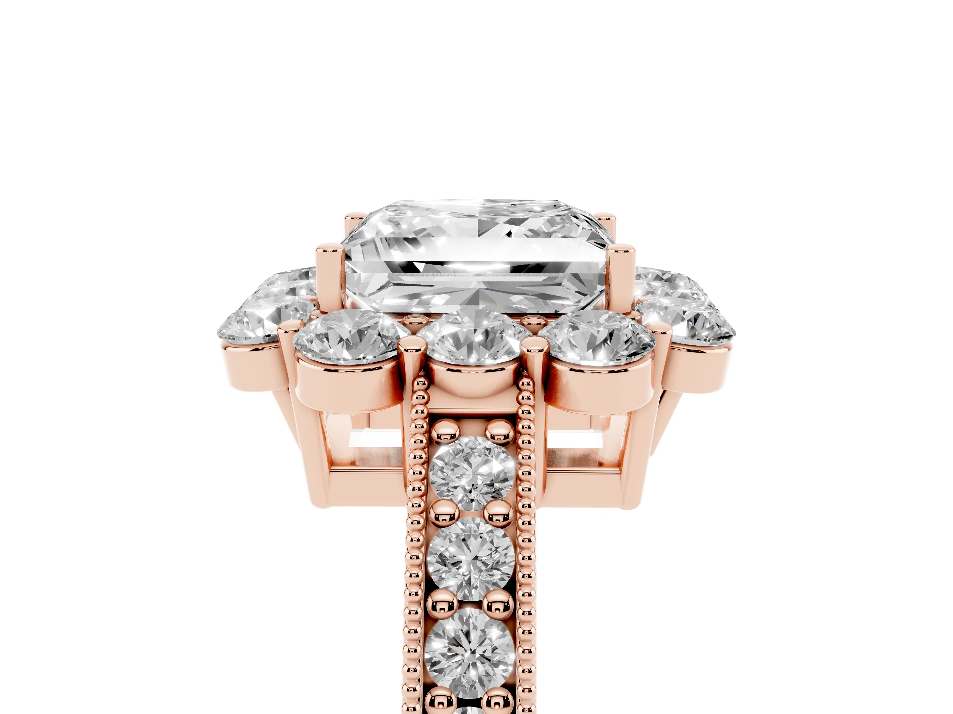 Princess Cut Diamond Halo Pavé Engagement Ring Set in Rose gold with Milgrain Detailing