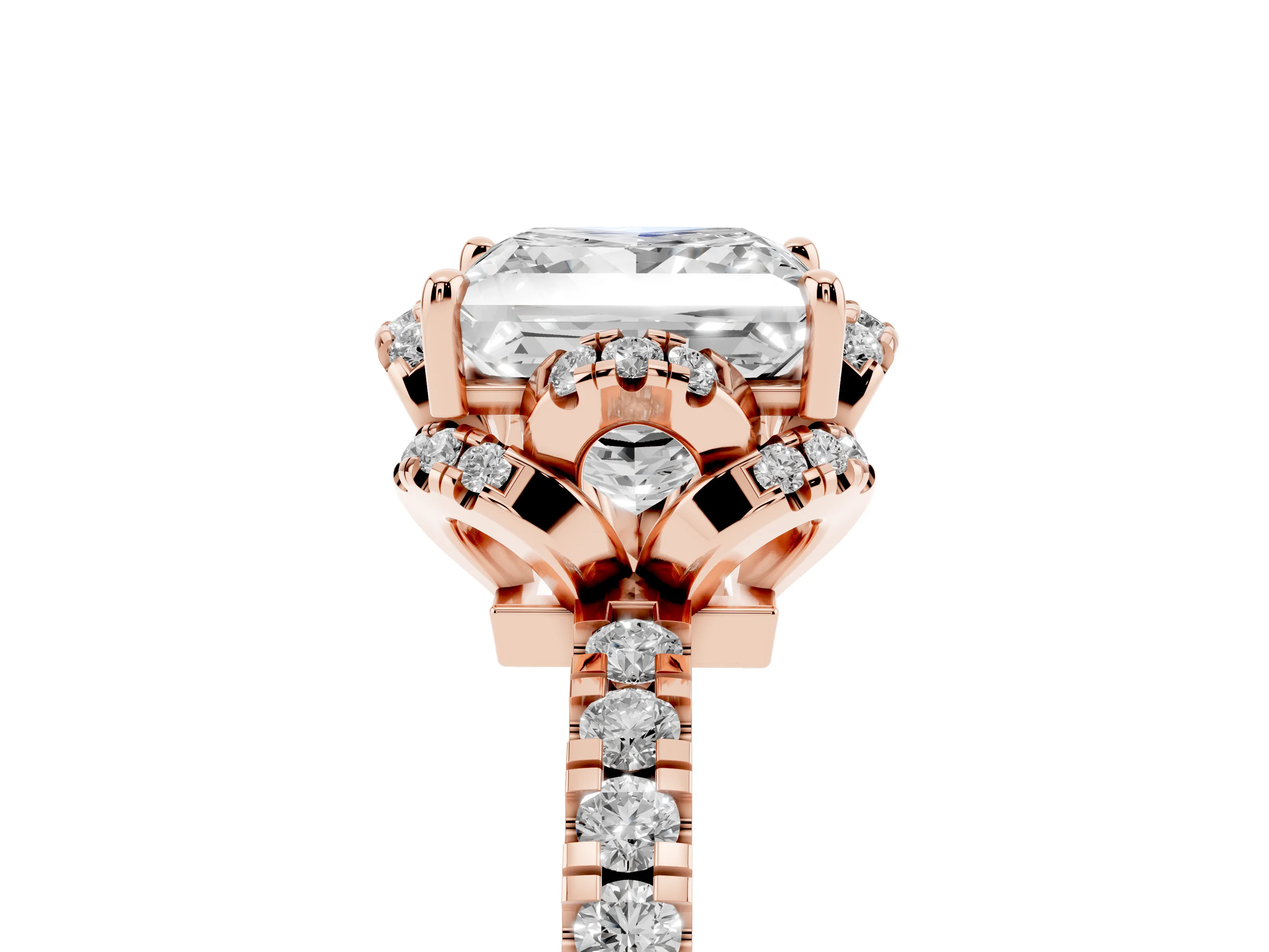 Princess Cut Diamond Halo Pavé Band Ring Set in Rose gold with Prong-Held Center