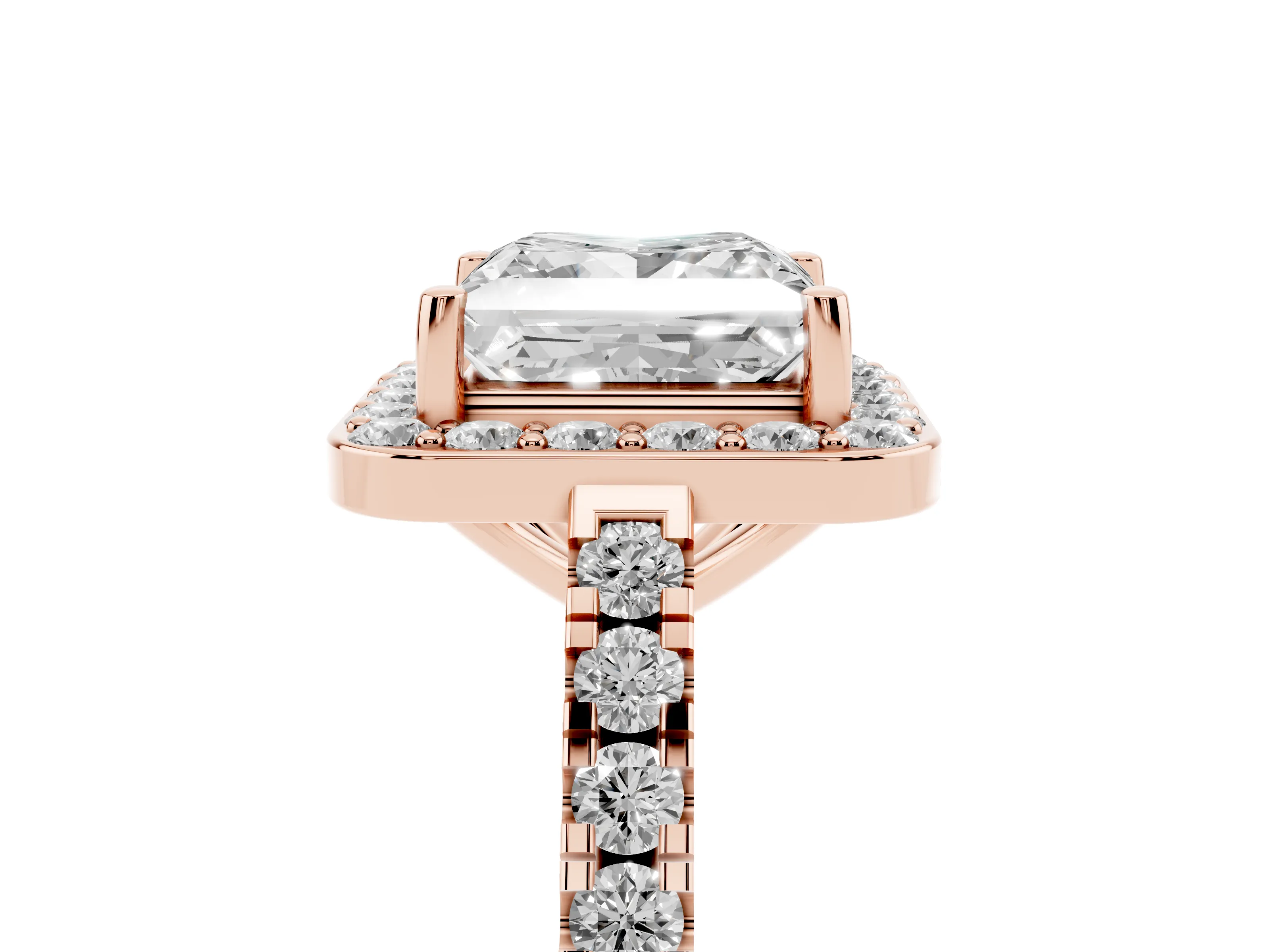 Princess Cut Diamond Halo Ring Set in Rose gold with Round Pavé Split Shank and Prong Setting