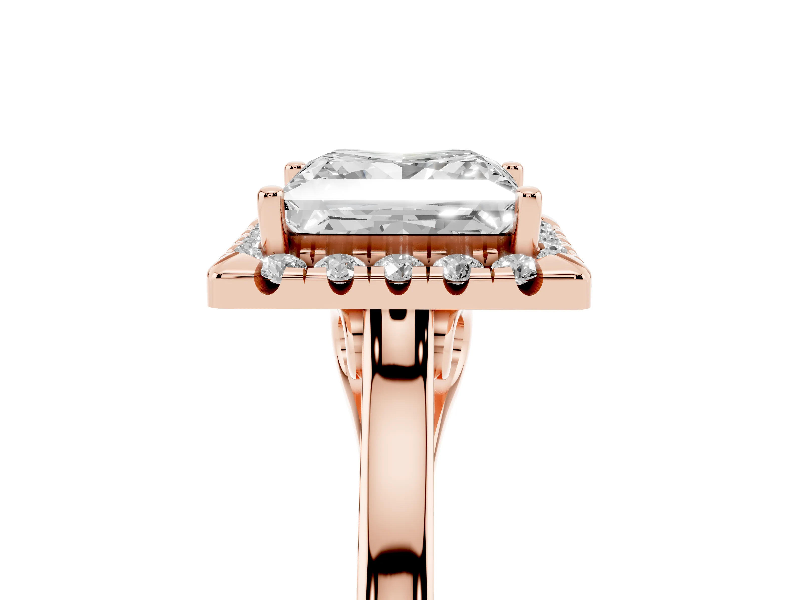 Princess Cut Halo Round Diamond Solitaire Ring Set in Rose gold with Pavé Band and Prong Setting