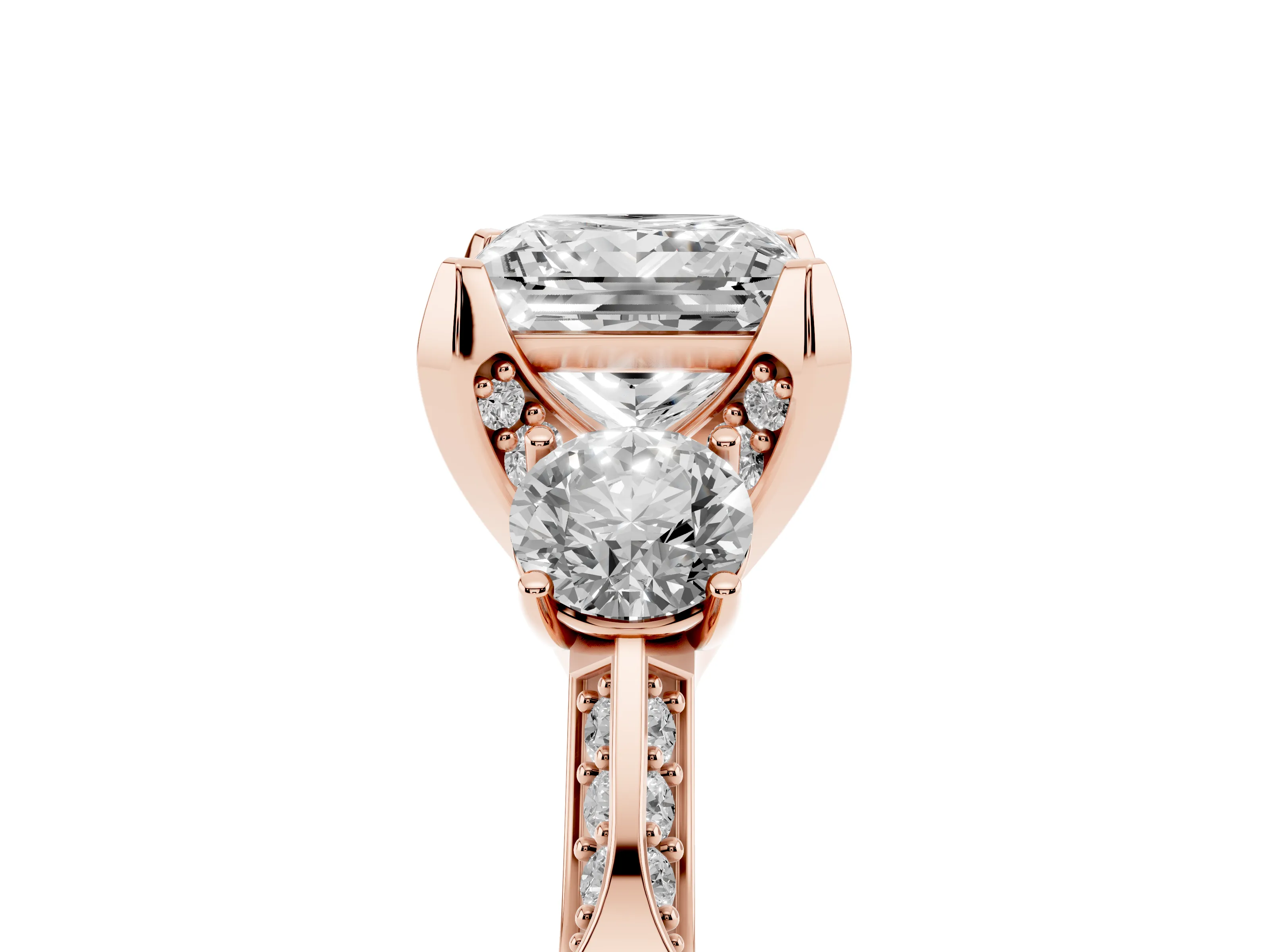 Princess Cut Diamond Three-Stone Ring Set in Rose gold with Pavé Band and Smaller Side Stones