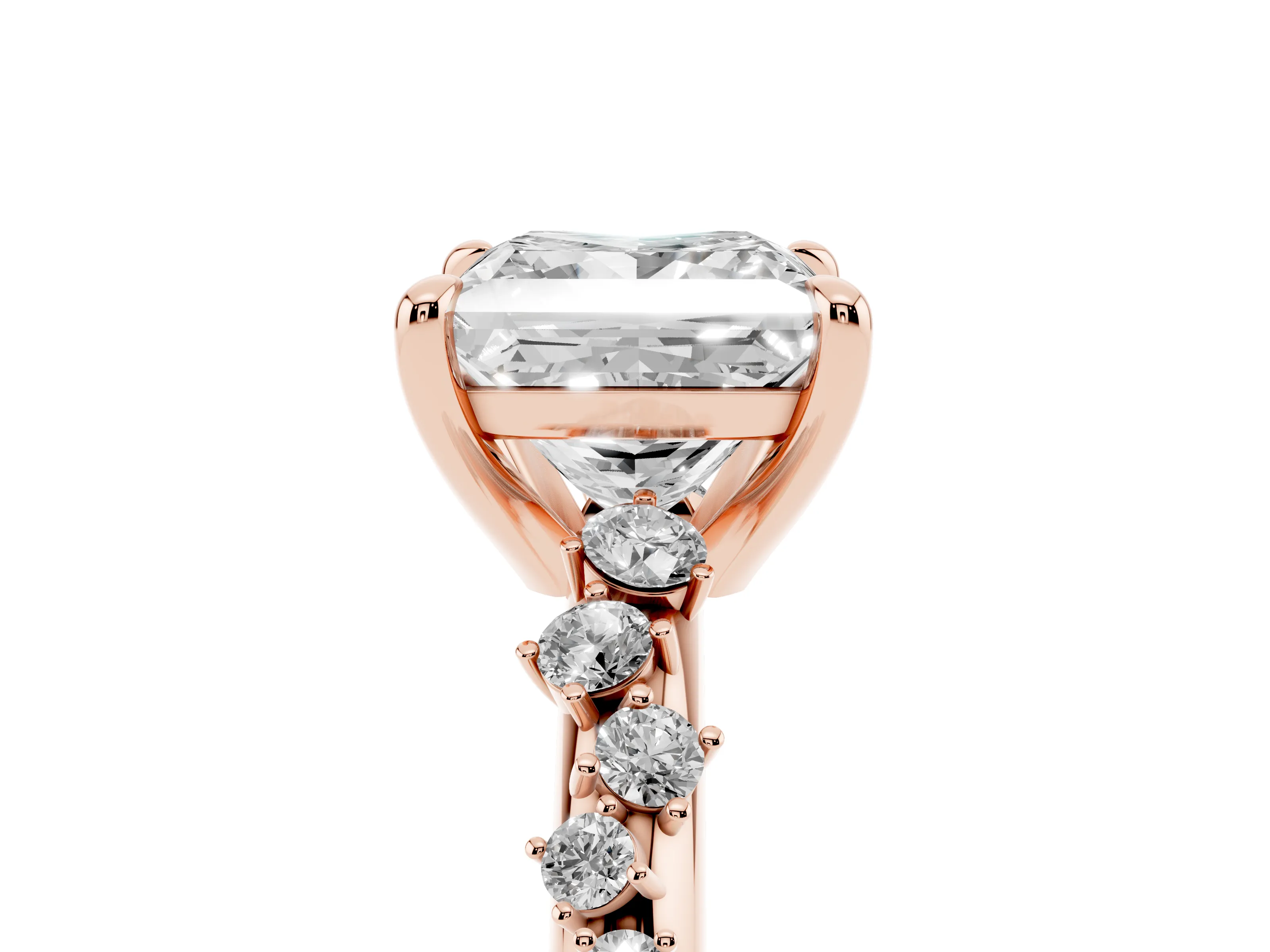Princess Cut Diamond Solitaire Vine Band Ring Set in Rose gold with Round Accents and Prong Setting