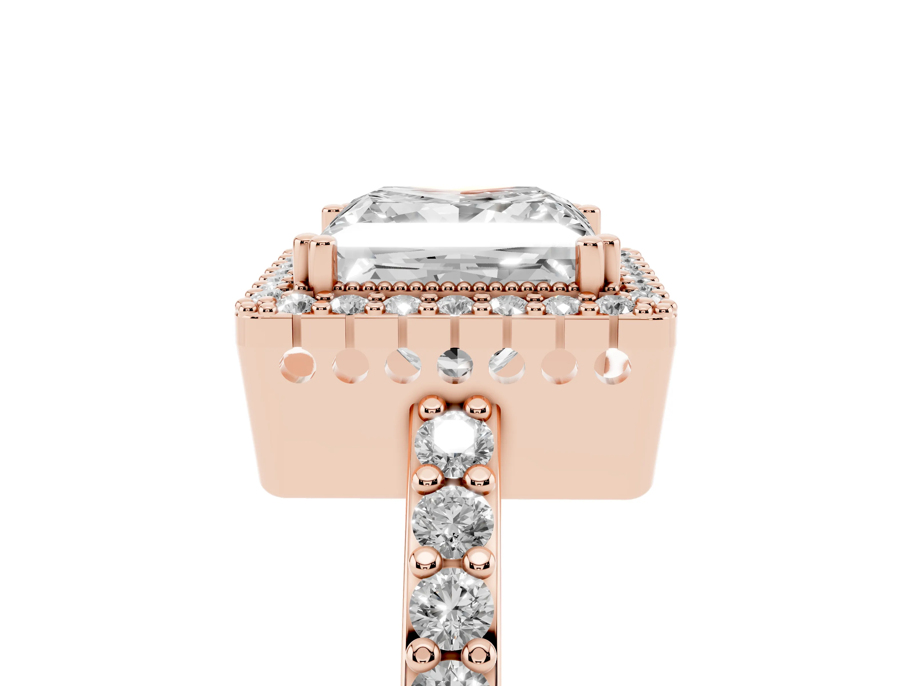 Princess Cut Diamond Halo Engagement Ring Set in Rose gold with Milgrain Detail and Pavé Band