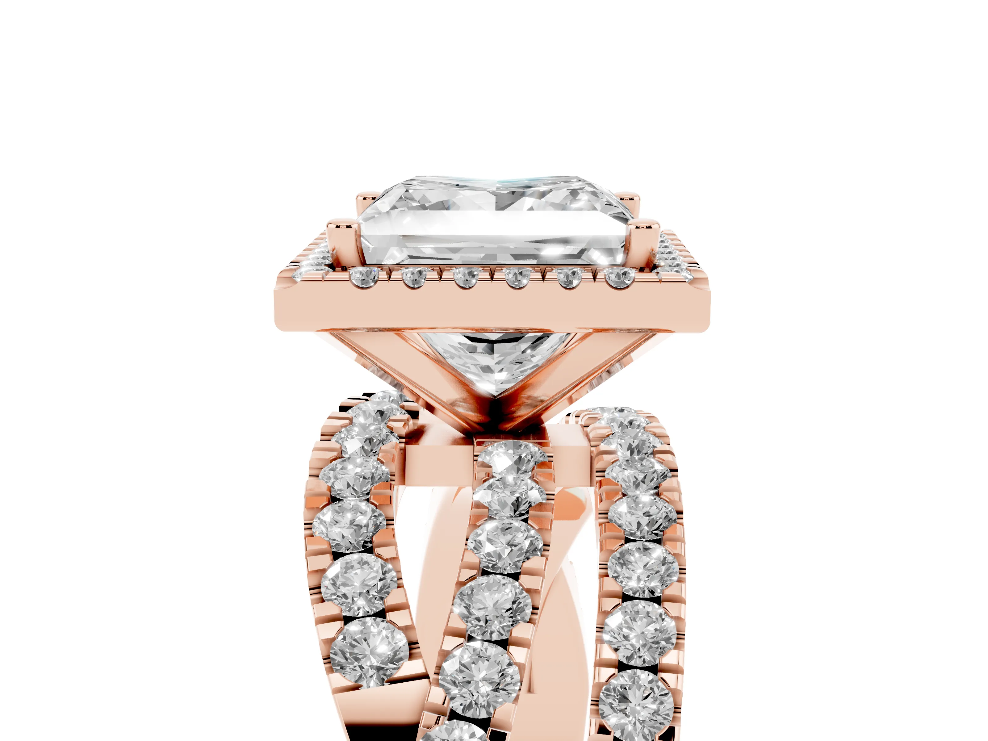 Princess Cut Diamond Halo Ring Set in Rose gold with Round Crossover Split Shank and Prong Setting
