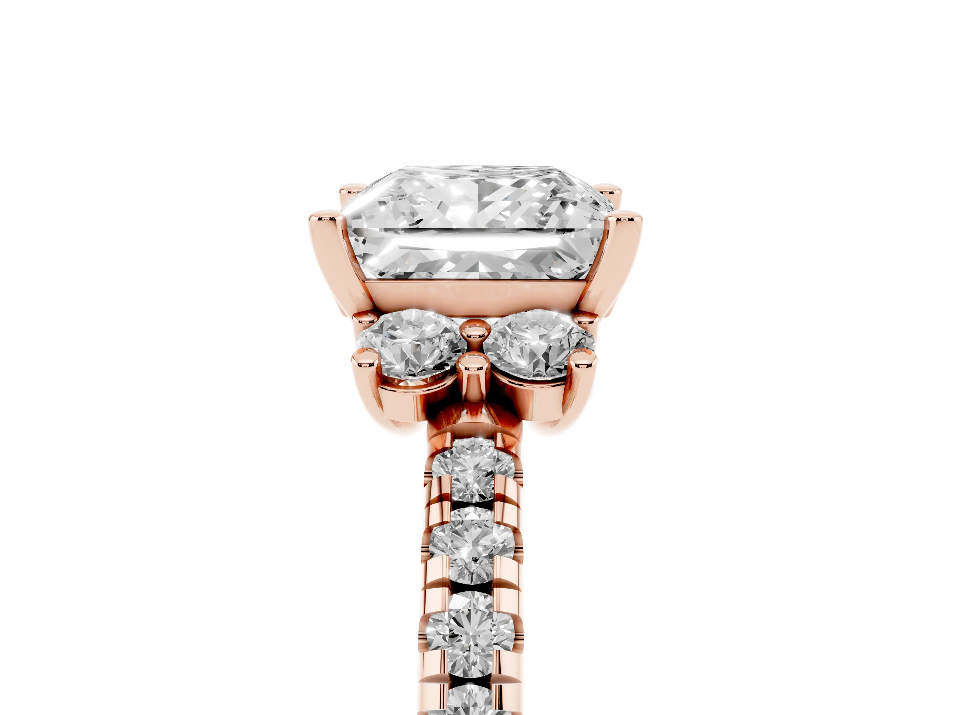 Princess Cut Diamond Three-Stone Pavé Ring Set in Rose gold with Prong Setting