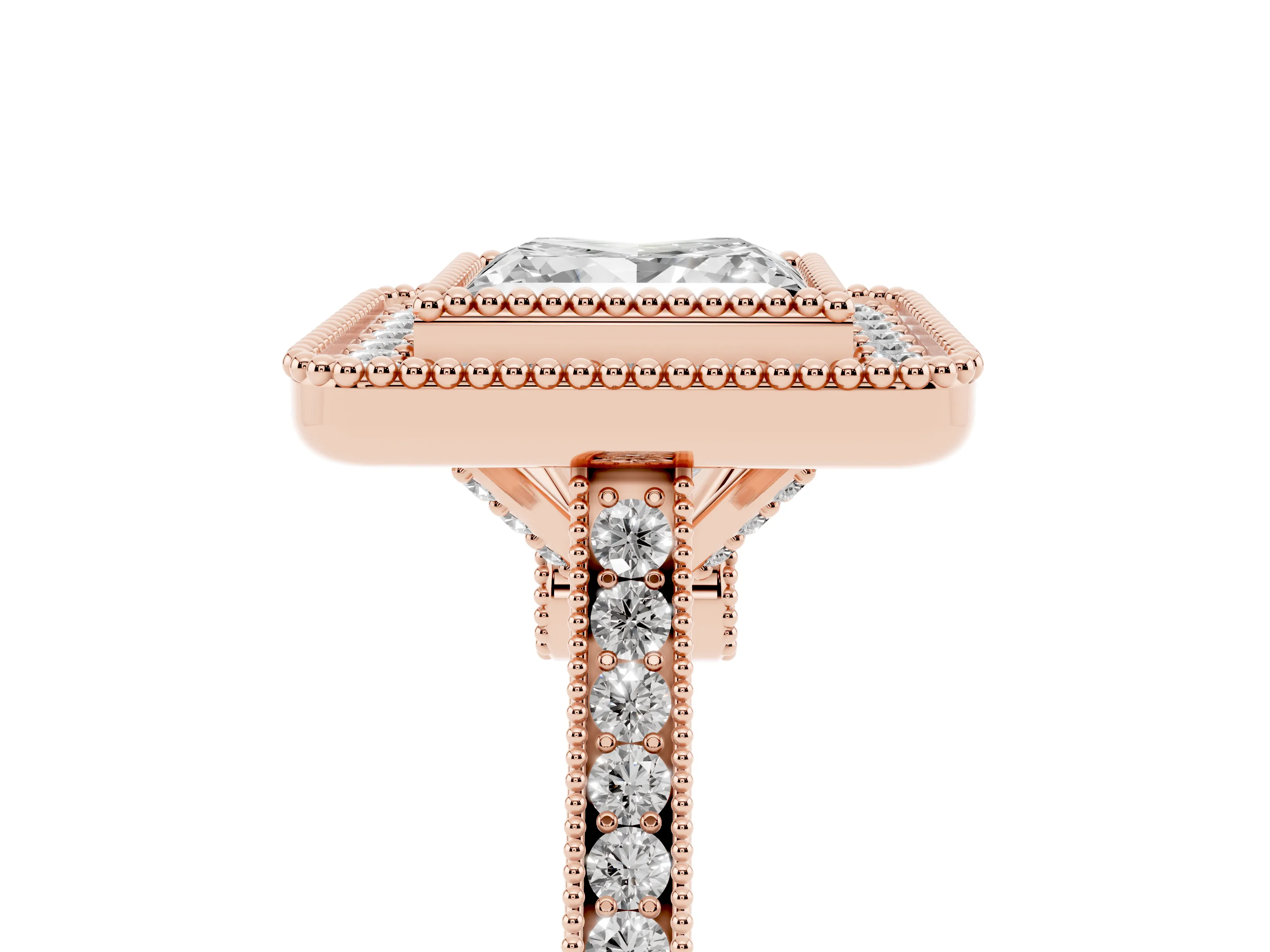 Princess Cut Diamond Halo Ring Set in Rose gold with Milgrain Frame and Pavé Band