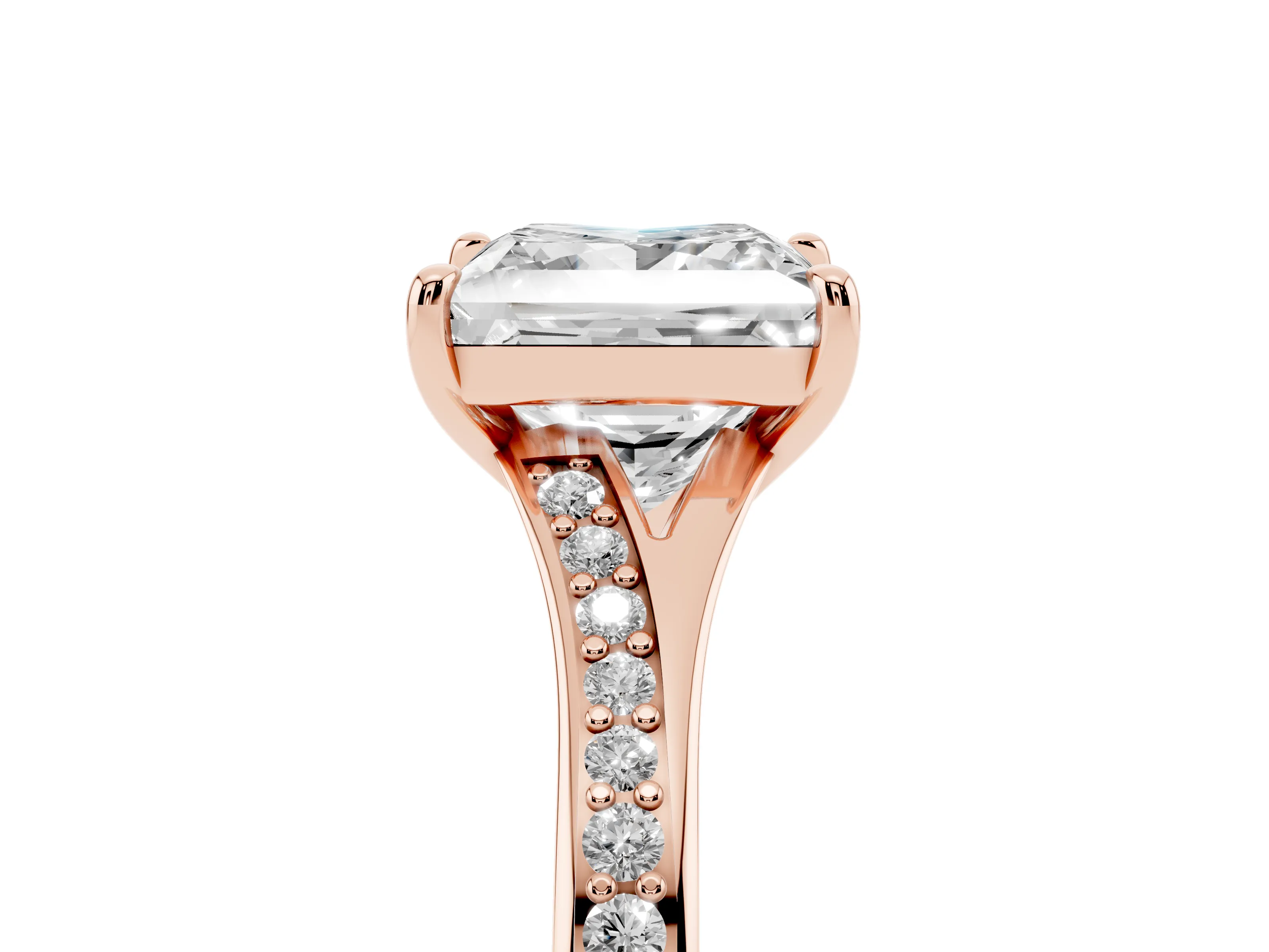 Princess Cut Diamond Solitaire Ring Set in Rose gold with Pavé Accent Band and Classic Prong Setting