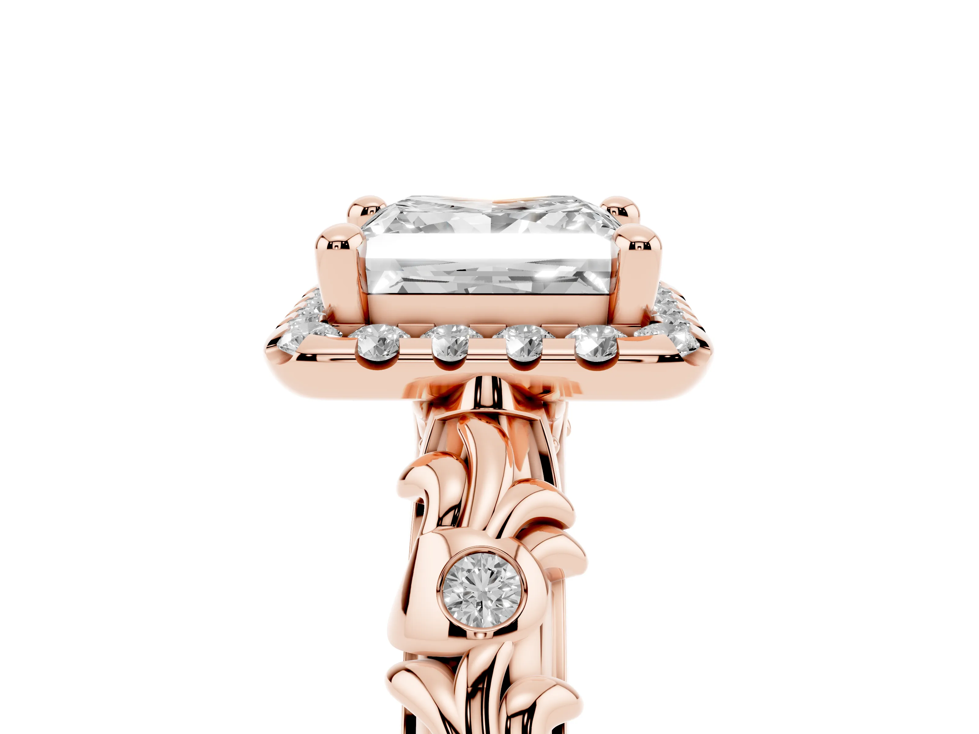 Princess Cut Diamond Halo Ring Set in Rose gold with Filigree Leaf Band and Prong Setting