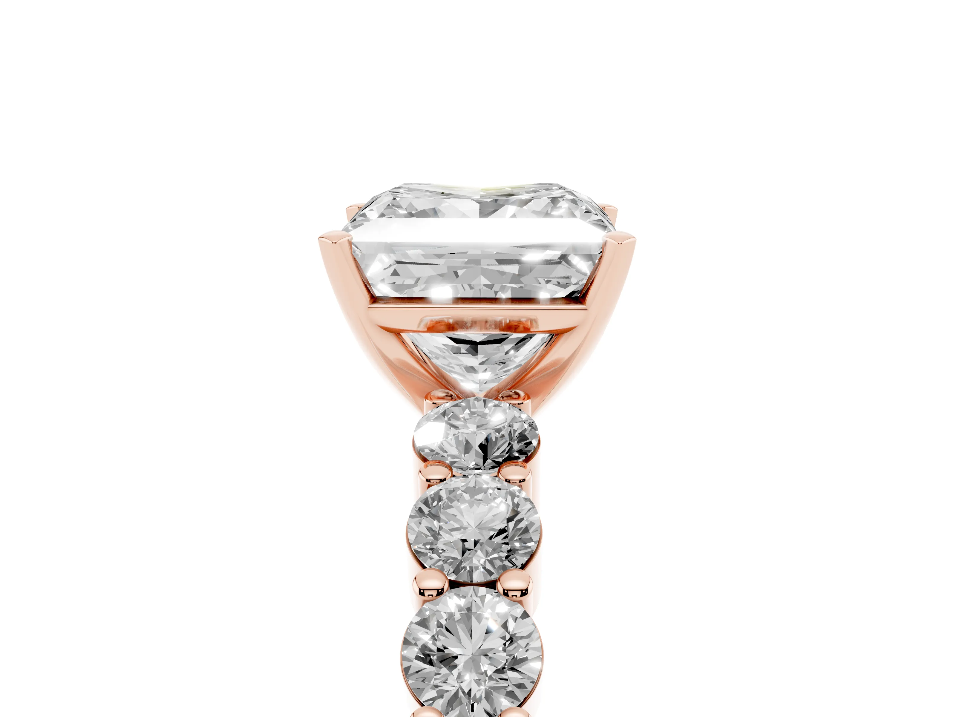 Princess Cut Diamond Solitaire Ring Set in Rose gold with Shared Prong Round Side Stones